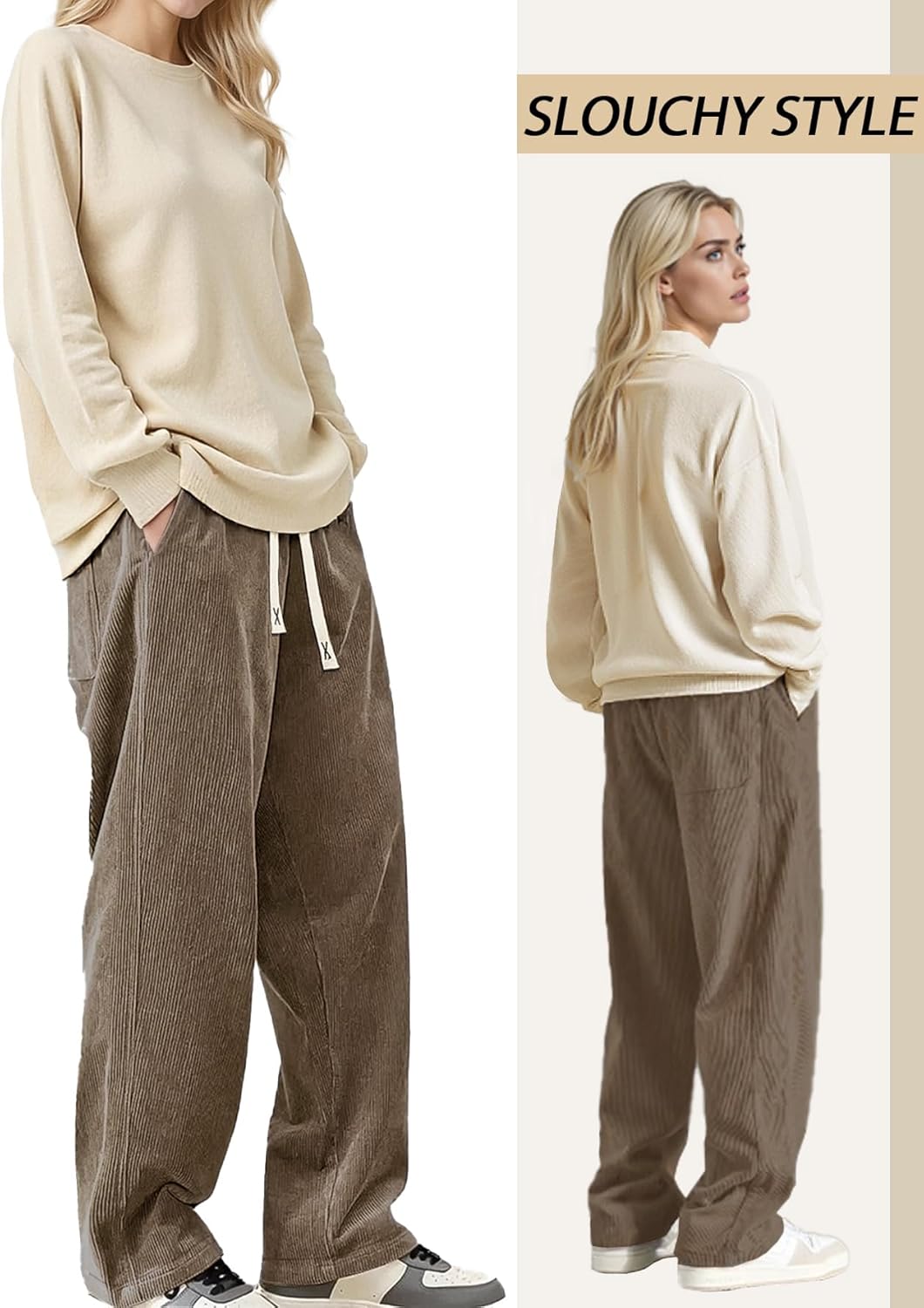 Women's Corduroy Casual Pants Loose Comfortable Wide-Leg Pants with Elastic Waistband Drawstring and Multiple Pockets - Image 3