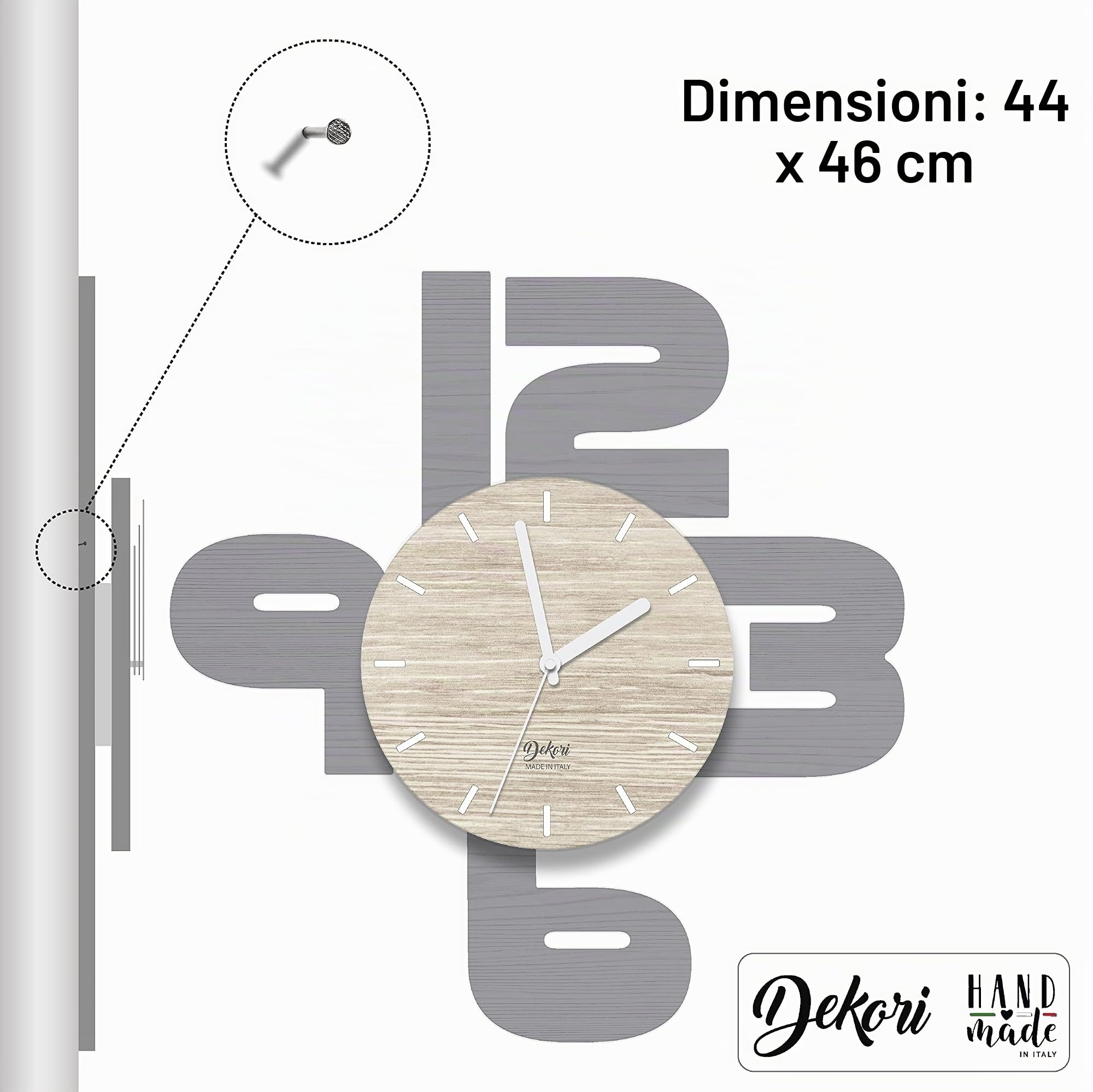 DEKORI Orologio da parete con numeri silenzioso. Quadrante in rilievo, effetto 3D. Arreda con stile ogni ambiente della casa: cucina, soggiorno, camera da letto. Prodotto in Italia