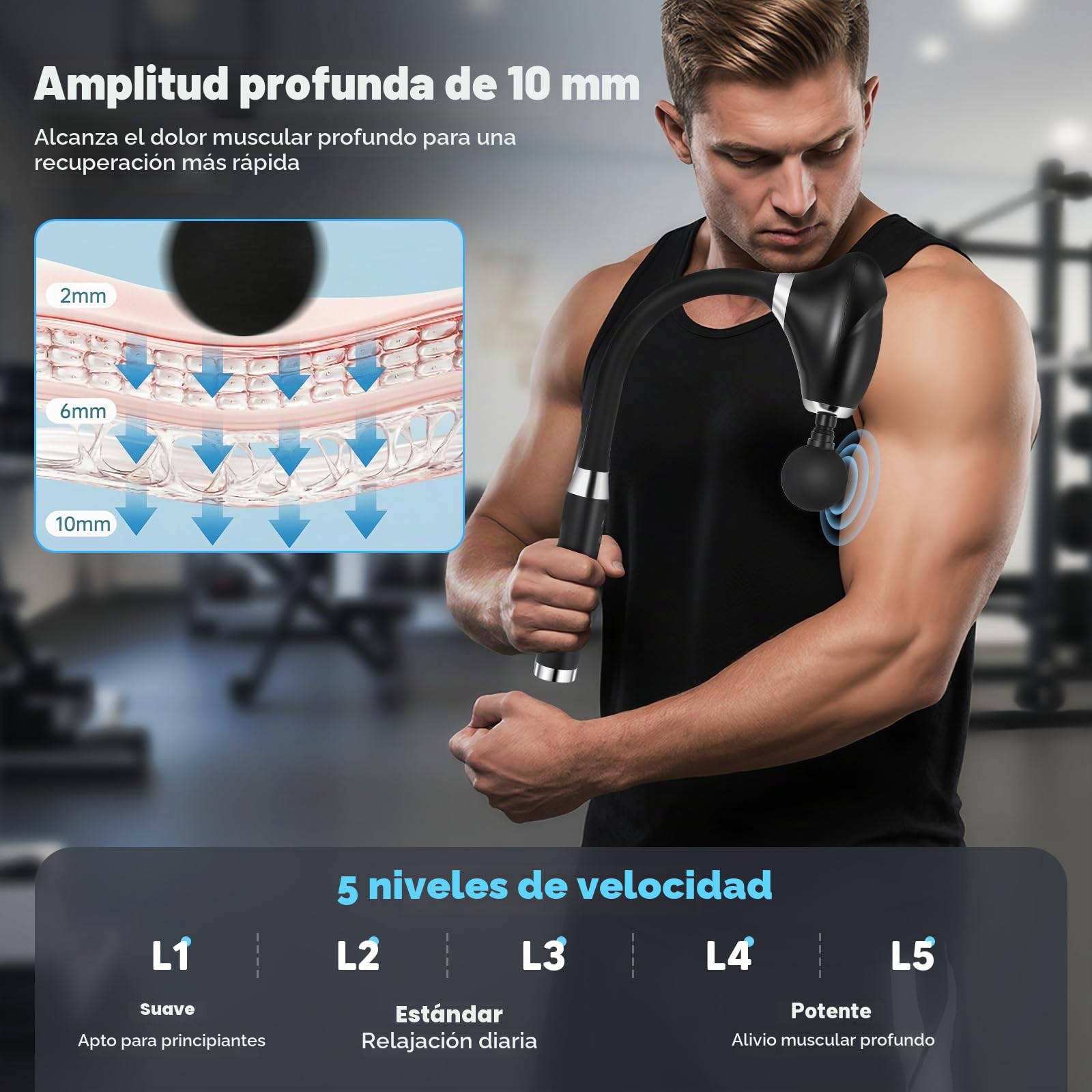 Pistola de masaje de tejido profundo, masajeador muscular manual ergonómico con 8 cabezales y 5 niveles de velocidad — para la relajación muscular de espalda, hombros, cintura y piernas