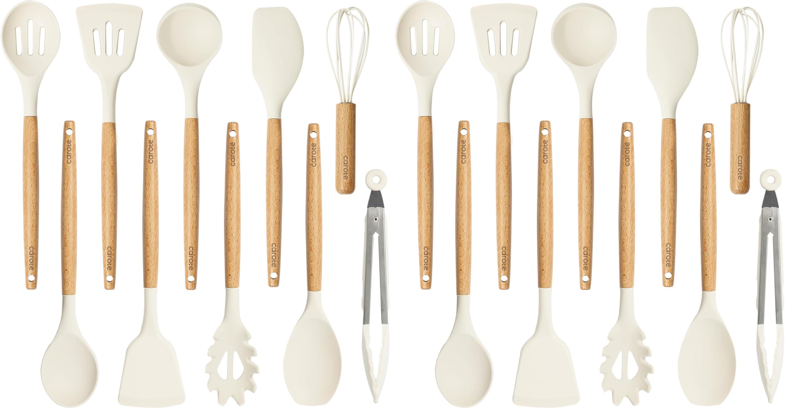CAROTE Silicone Cooking Utensils Set, Kitchen Utensils Set 10 Pcs for cooking, BPA Free Spatula Set with Heat Resistant Wood Handles for Nonstick Cookware (Cream White) (Pack of 2)
