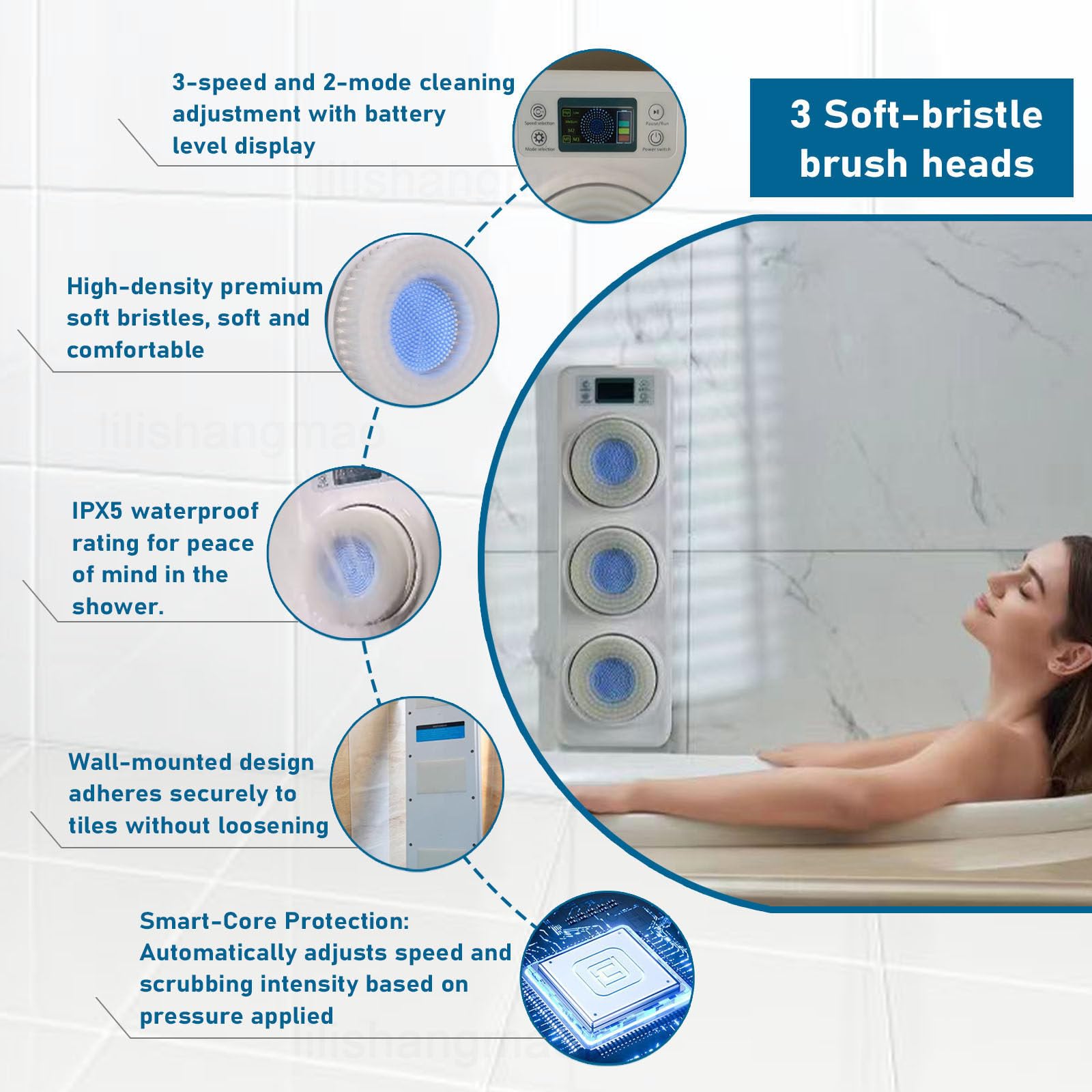 Cepillo De Espalda Recargable De Pared: Cepillo De Ducha Eléctrico con 3 Cabezales De 10 cm, 3 Velocidades Y Resistencia Al Agua IPX5 para Una Limpieza Profunda Y Un Masaje Manos Libres