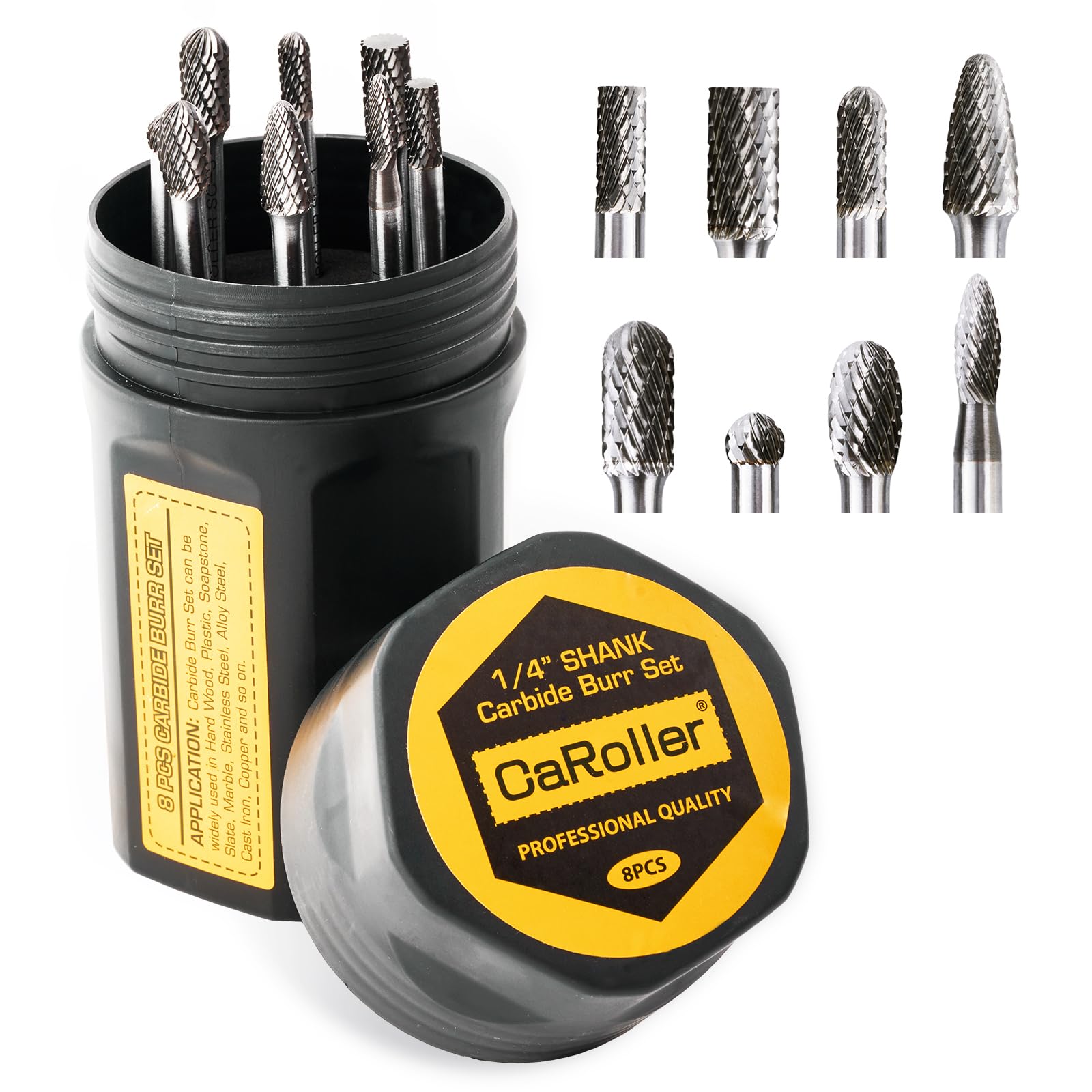 CaRoller Set di frese in carburo, con gambo da 1/4", 8 pezzi, a doppio taglio, set di frese rotanti per lavorazione del metallo e del legno, intaglio, incisione, lucidatura, rettifica, con custodia