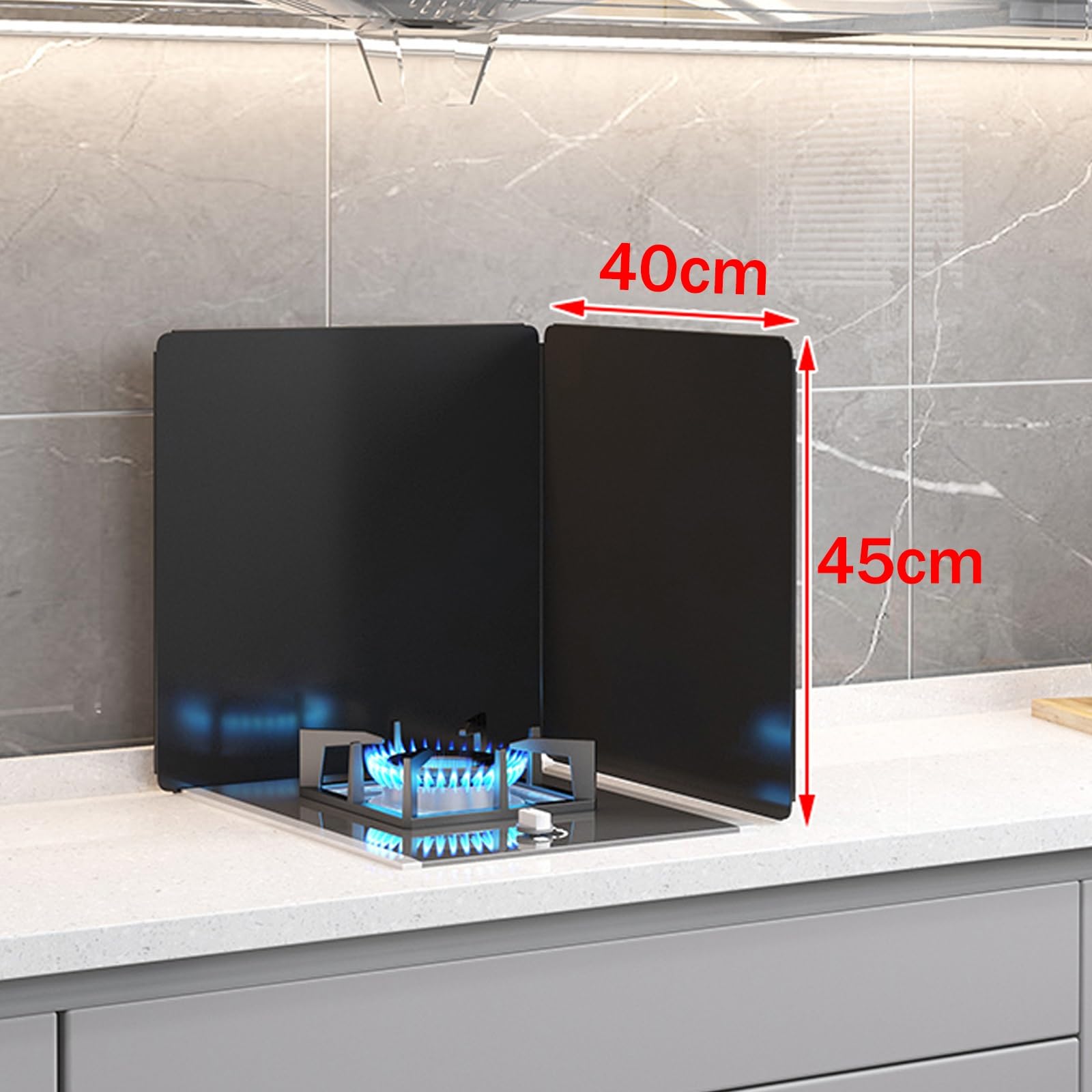 Protector plegable para estufa, acero al carbono, negro, 2 caras (45 x 40 cm), tamaño ajustable, fácil de limpiar, resistente al calor, esencial para la seguridad en la cocina