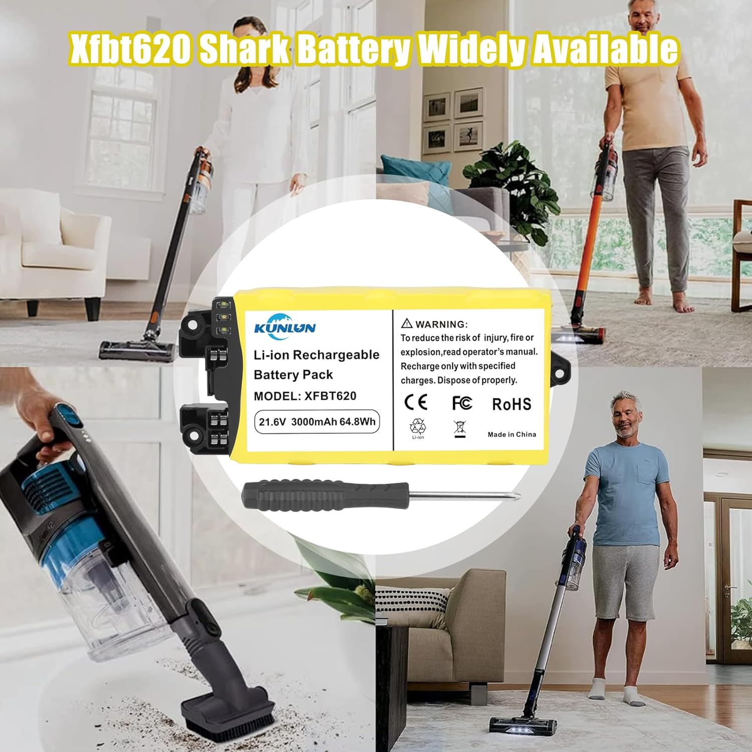 KUNLUN 3000mAh XFBT620 Battery Compatible for Shark IX140 IX141 IX141H IX142 IZ140 IZ140C IZ141C IZ142 UZ145 Cordless Vacuum Cleaners, 21.6V XFBT620 Lithium Ion Battery