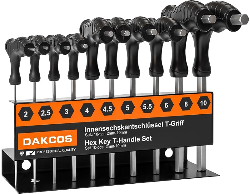 Kit de Chaves Allen Tipo T DAKCOS Métricas de 2 mm a 10 mm com Suporte, Aço Cromo-Vanádio CR-V, 10 Peças
