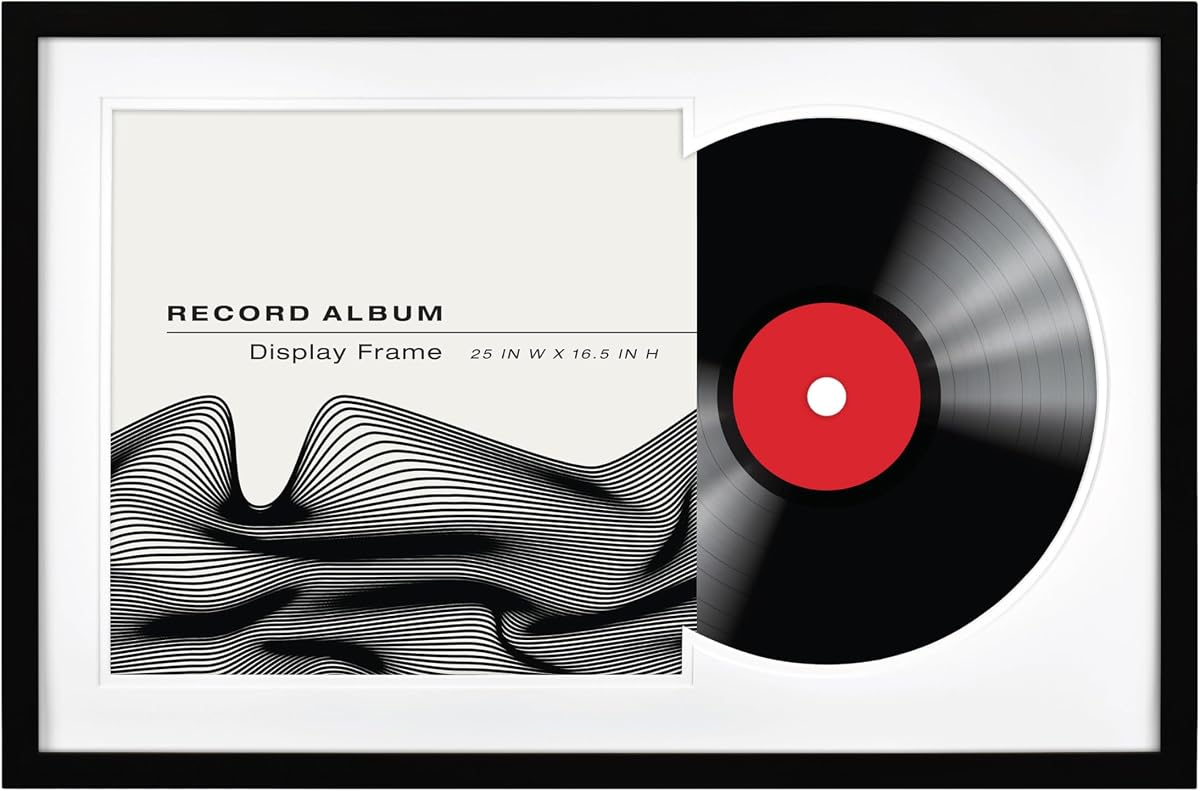 Marco de álbum de discos de doble mate, 16,5 x 25, negro con tapete blanco | El marco doble mate muestra el disco LP de vinilo y la chaqueta para portadas de álbumes, decoración musical para colgar en la pared