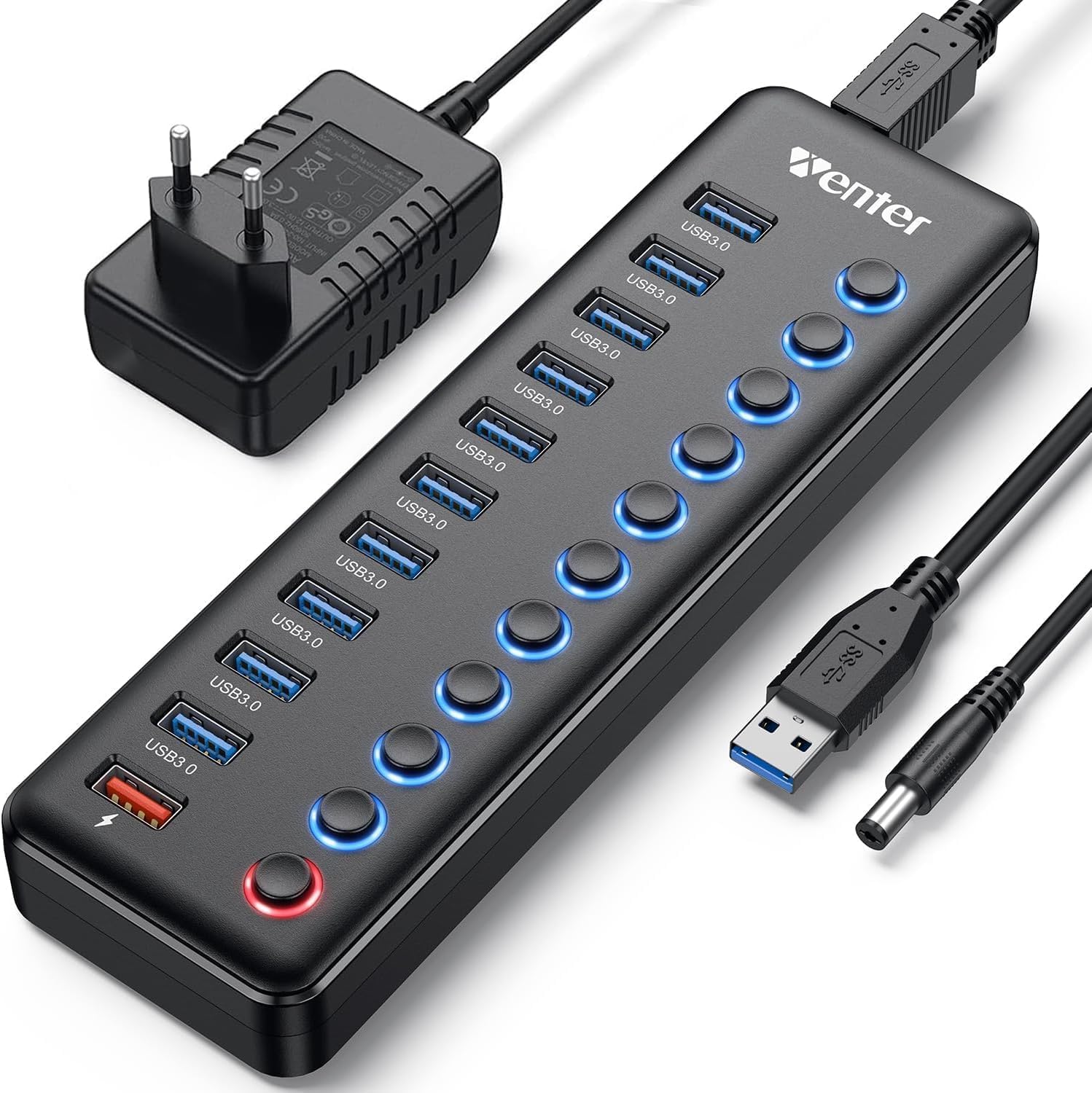 Hub USB Powered, hub splitter USB a 11 porte (10 porte di trasferimento dati e 1 porta di ricarica intelligente) con switch LED On/Off, USB Hub 3.0 alimentato con adattatore di alimentazione per Mac