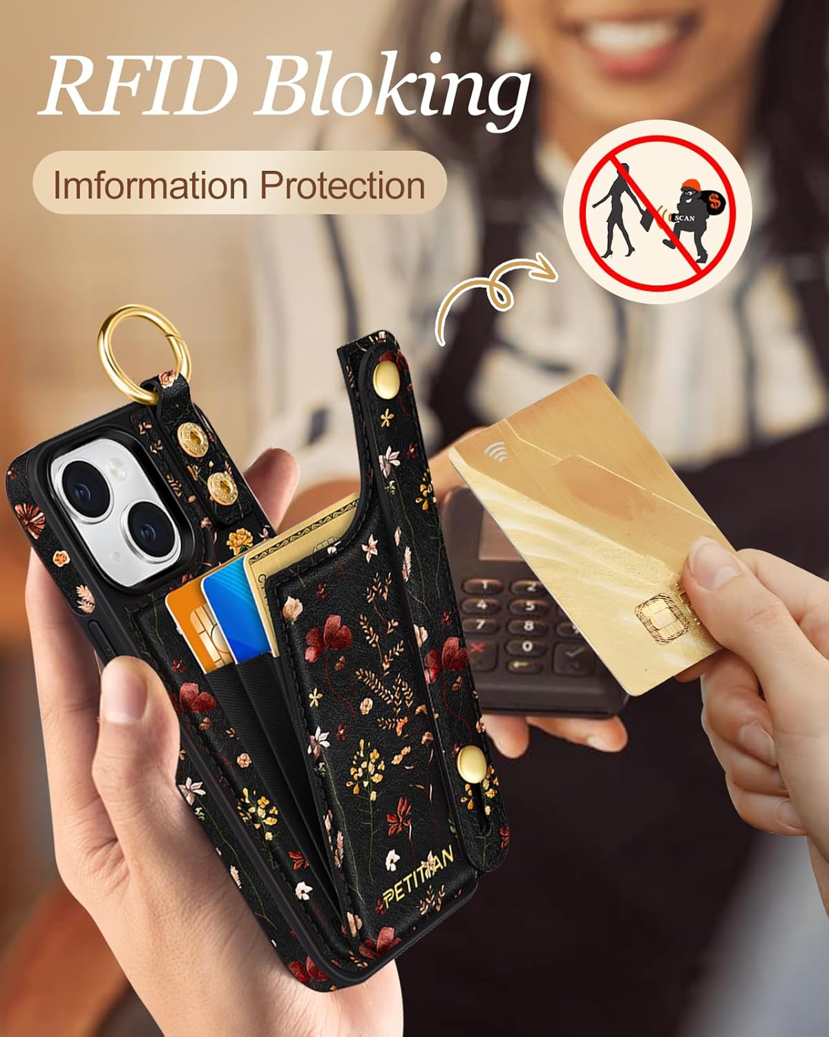 Petitian for iPhone 14/13 Case with Wallet - Women Girls Cute Girly Aesthetic Unique Design Leather Credit Card Holder Cardholder Stand Wristband for iPhone 14/13, Grow Flower - Image 4