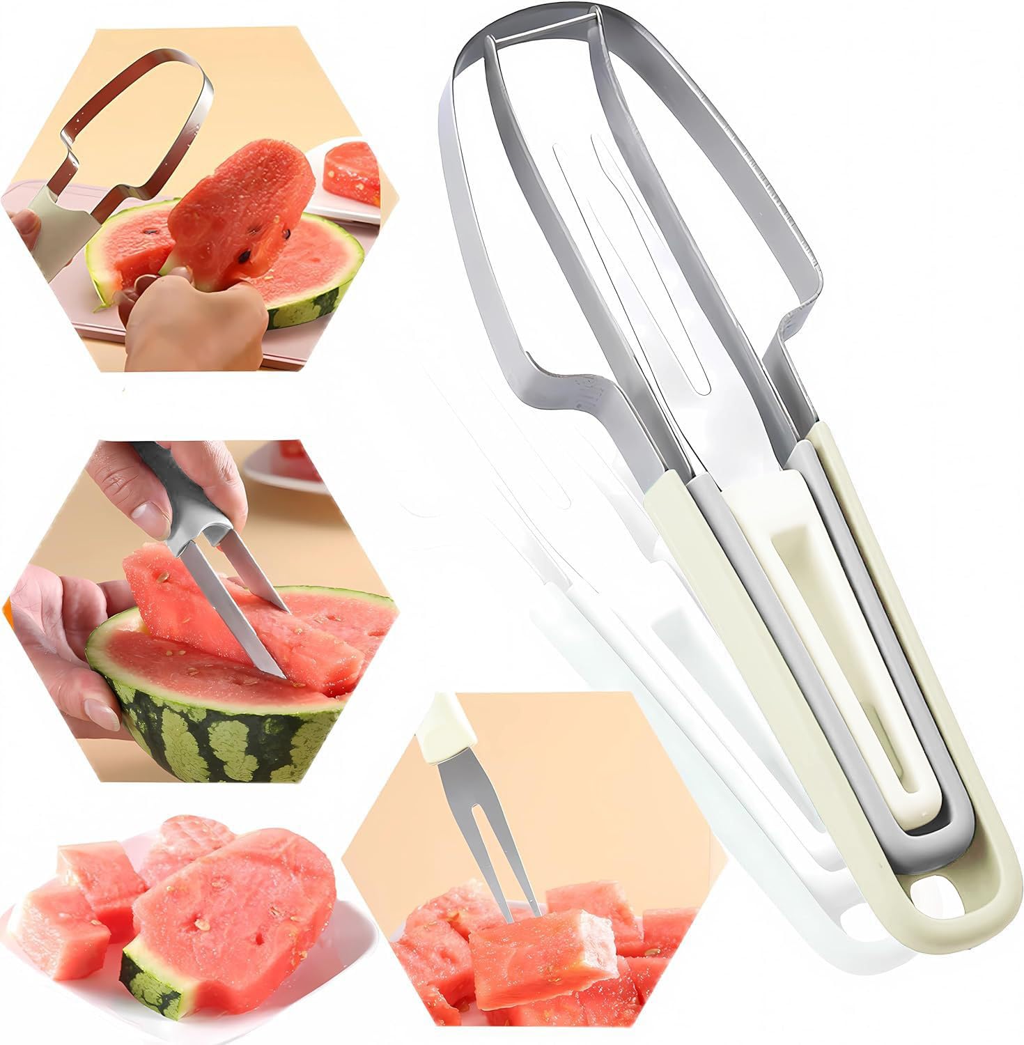 GKXLH New 3-in-1 Stainless Steel Watermelon Cutter Slicer Tool (Beige)