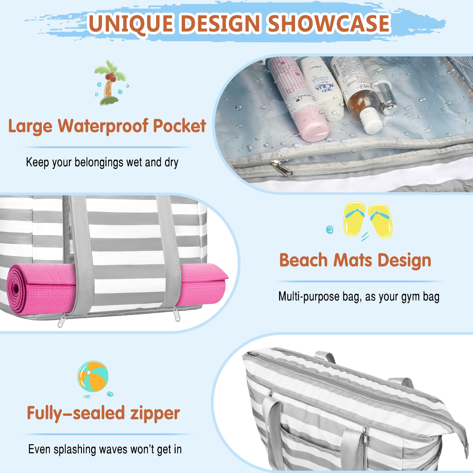Borsa Mare Donna Grande, Borsa Spiaggia XXL Famiglia 45L Impermeabile Borse Mare con Cerniera Pieghevole Leggera Borse Beach Tote Bag per Spiaggia,Viaggio,Vacanza