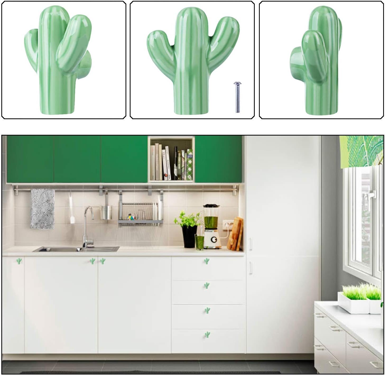 Cactus Shape Ceramic Drawer Pulls Handles for Nursery Dresser Cupboard Wardrobe Cabinet Kitchen Desert Green Plant Theme Knobs Pack of 6 (Green)