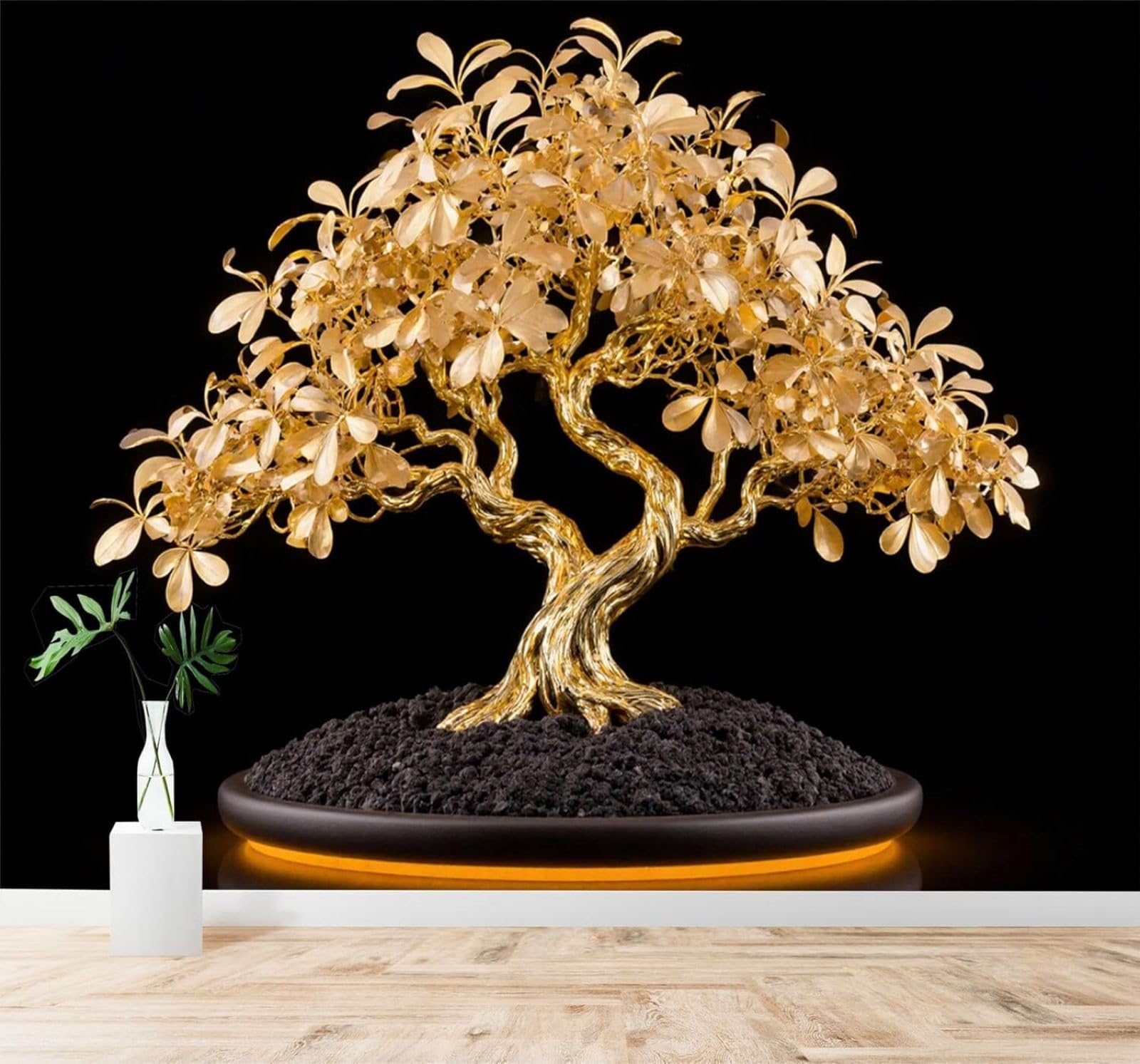 XLMING Three Dimensional Minimalist Golden Bonsai Tree Shiny Leaves Elegant Branches 3D Wallpaper Silky Texture Home Study Office Grey Dining Room Sofa Bedroom Living Room TV Backdrop-150cm×105cm