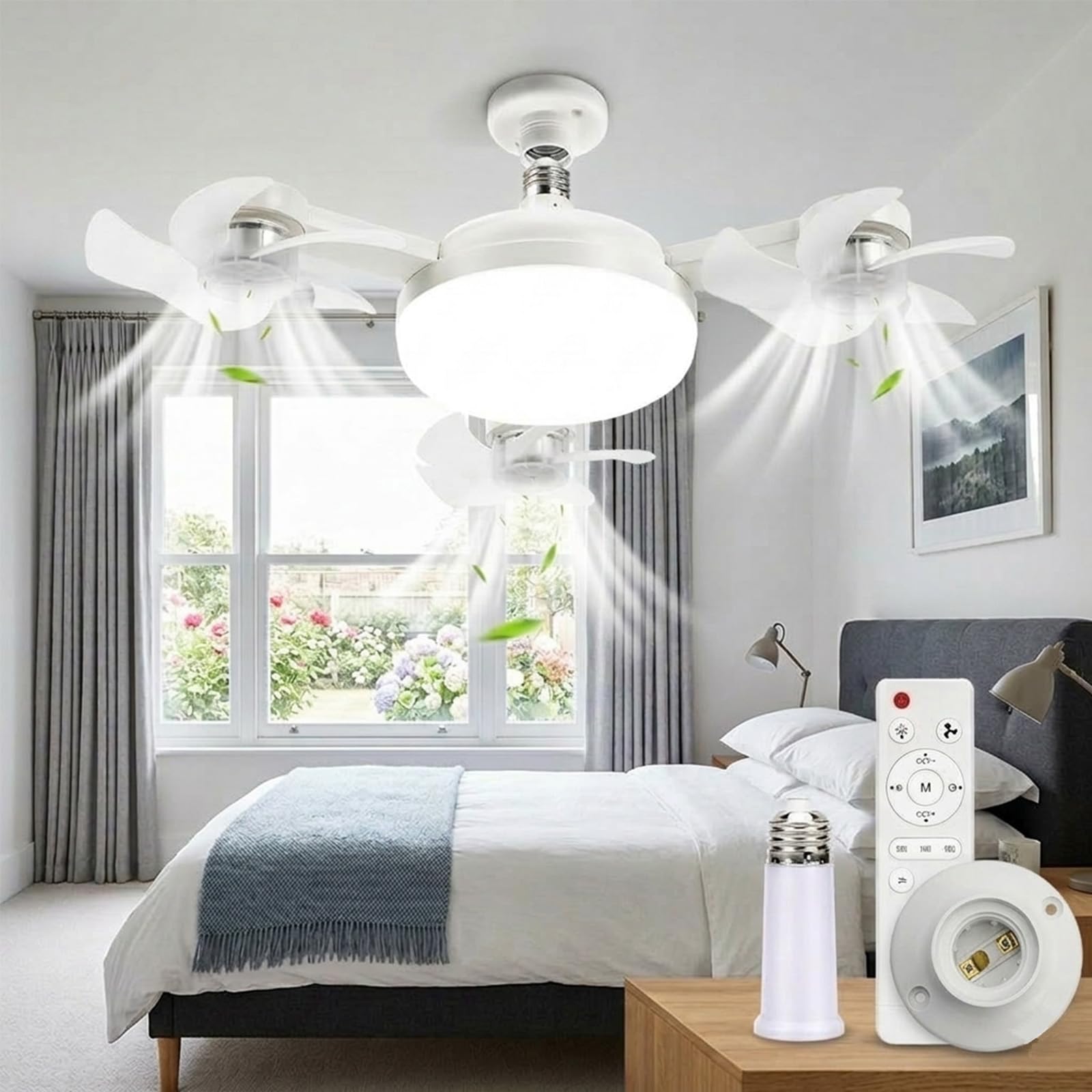 E27 Ceiling Fan with Light and Remote, 50W LED Ceiling Fan Light 3000 to 6500K 3 Colour 3 Speed Dimmable, 3 Head Foldable Ceiling Light with Fan for Bedroom Living Room Kitchen Garage, Base Included