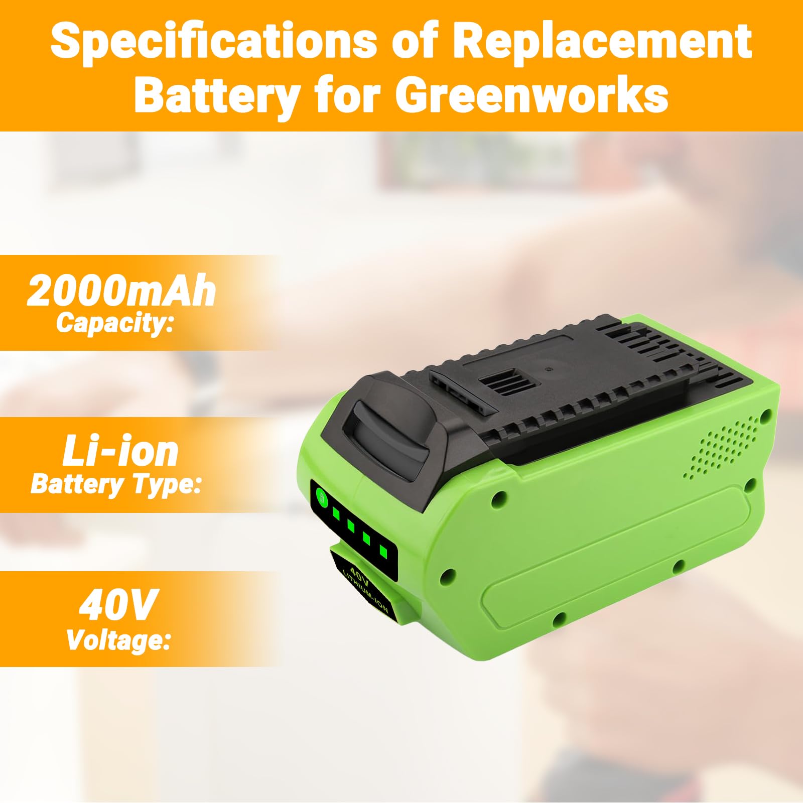 Batería de ion de litio de repuesto para Greenworks 29472, 29282, 2601102, 24252, 29462, 29302, 29662, 29662, 20302, 21332, 24102, 29463, 20292, 29302, 29302, 40 V, 2000 mAh , 2067 2, 24322, 25302,