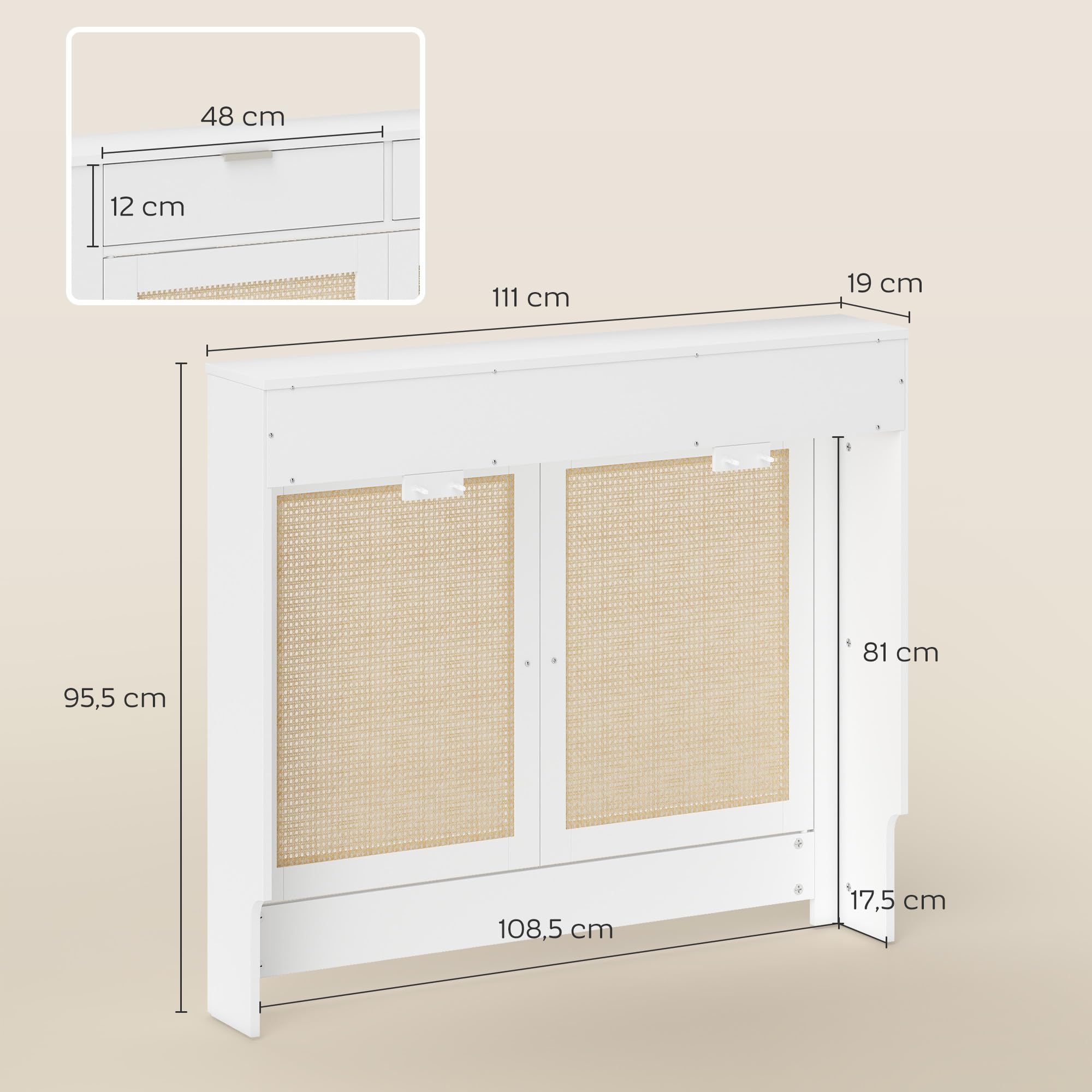 HOMCOM Cubre Radiadores con Puerta Abatible y Ratán 111x19x95,5 cm Blanco | Cubreradiador de MDF, Cubierta para Radiador, Compartimento, Diseño Bohemio, para Salón, Dormitorio