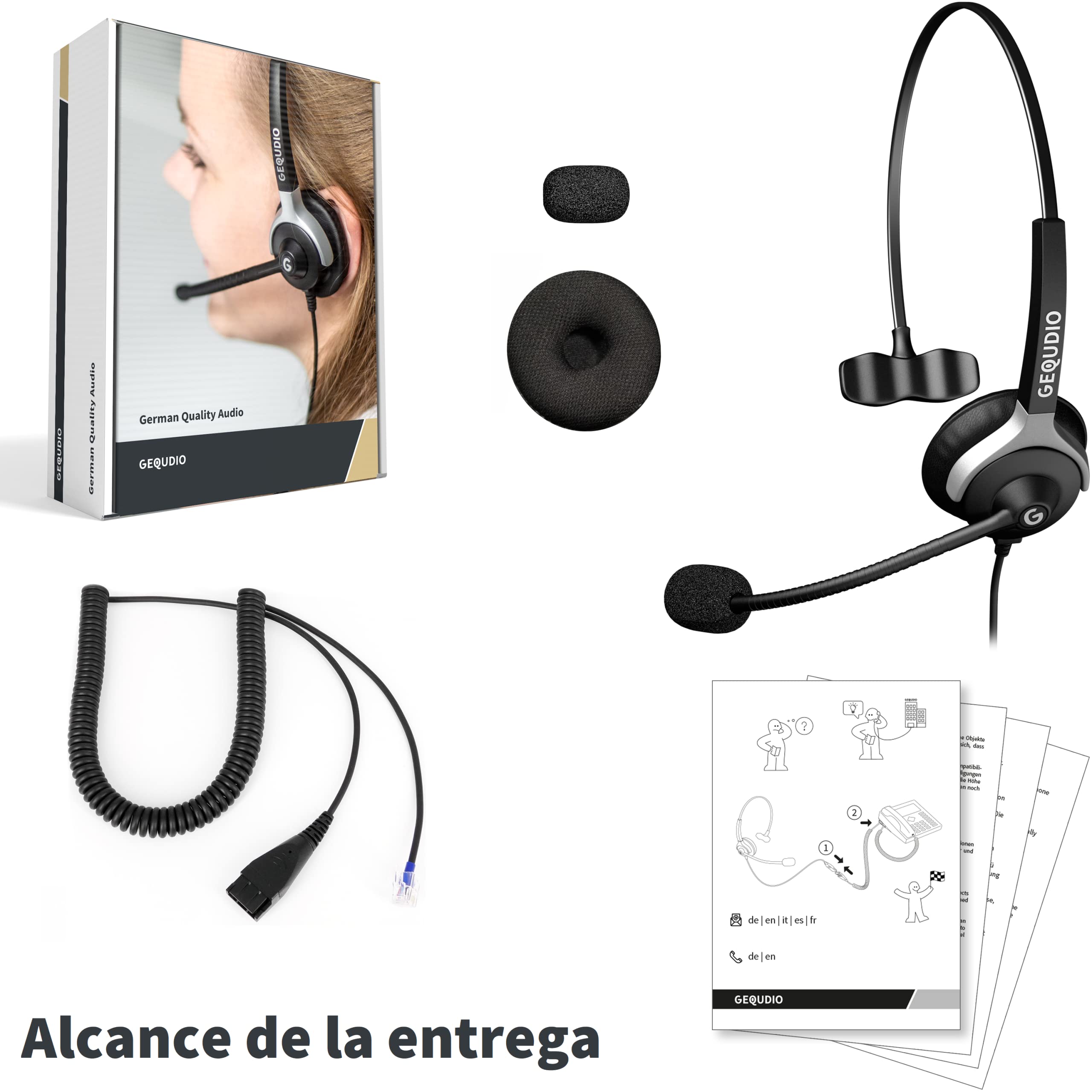GEQUDIO Auriculares adecuados para RJ teléfono Cisco - Casco con Almohadillas de Repuesto para Auriculares - 60 g de Peso (1 Altavoz)