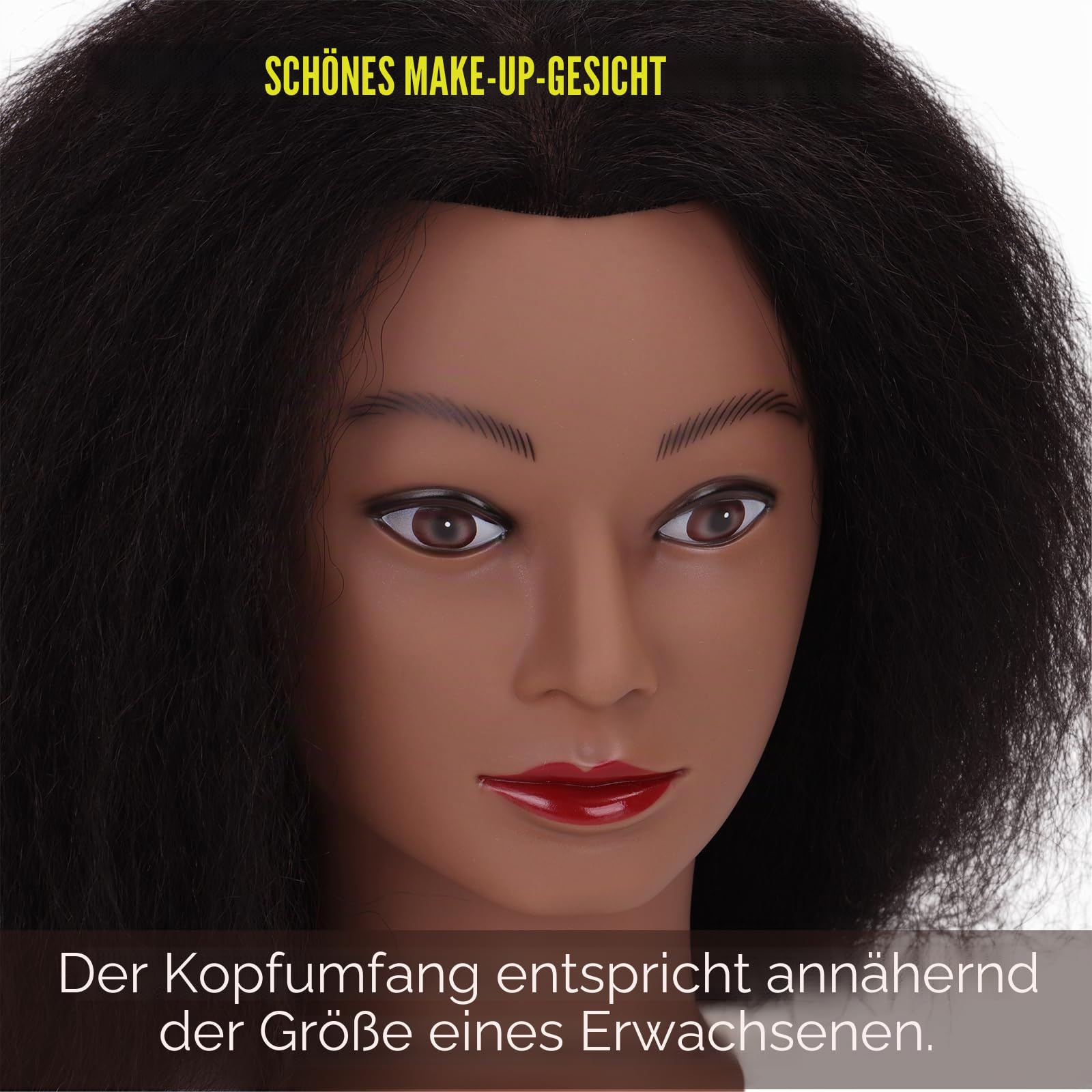 Schwarzer Mannequin-Kopf Afro 100% Echthaar, 45,7 cm, gerades Styling-Kopfmodell für Mädchen zum Üben, Haarstyling-Kopf und Übungsset für Kosmetiktraining und Stylisten