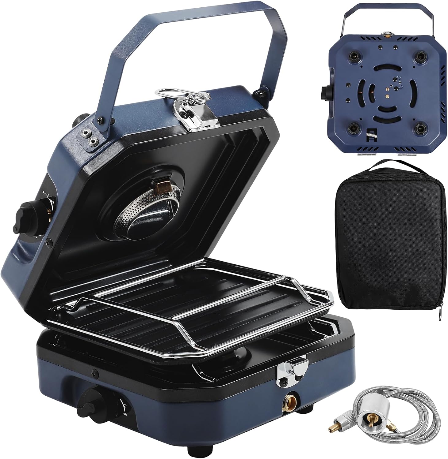 Propane Double Burner Two Burner Camp Stove, 16000 BTU Portable Folding Gas Stove for Camping, With grill, grill pan and carry bag, For camping, home backyard, canning, frying turkey (Blue) Propane Double Burner Two Burner Camp Stove, 16000 BTU Portable Folding Gas Stove for Camping, With grill, grill pan and carry bag, For camping, home backyard, canning, frying turkey (Blue)