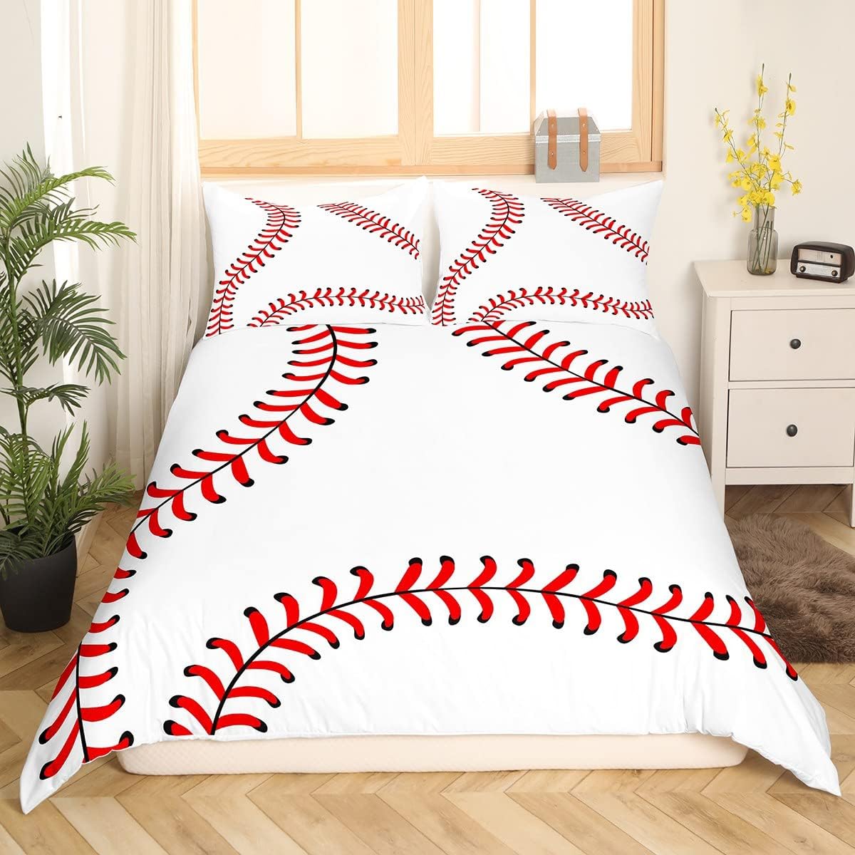 Boys Baseball Duvet Cover Set Full,Ball Sports Game Lovers Bedding Set 3pcs for Kids Teens Adults Room Decor,Abstract Geometric Lines Comforter Cover,White Simple Quilt Cover with 2 Pillowcases