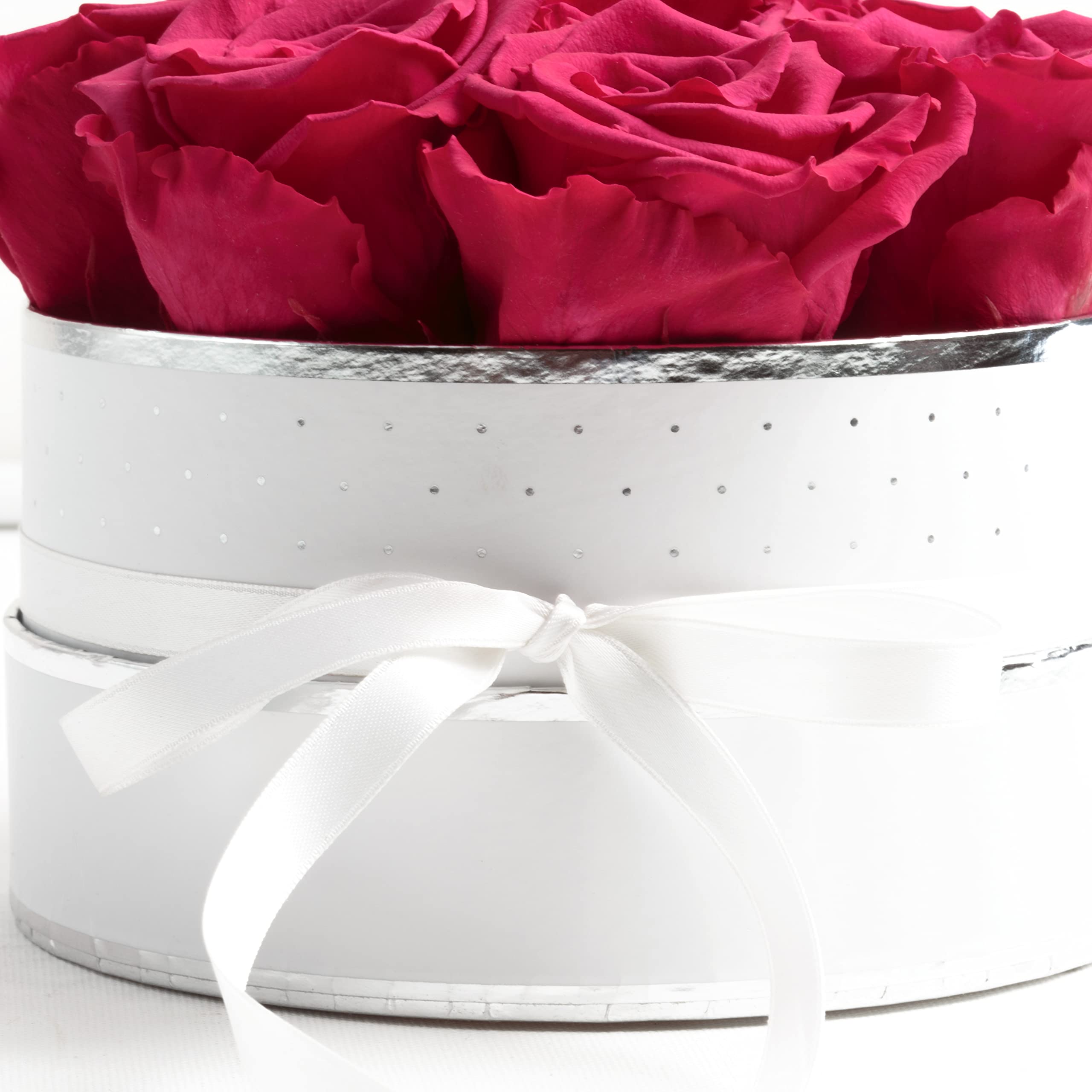 Rosenbox rosa rund Infinity Rosen - Flowerbox 8 echte Rosen haltbar 3 Jahre Durchmesser 15 cm - Geschenk für Frauen (Weiß-Pink)