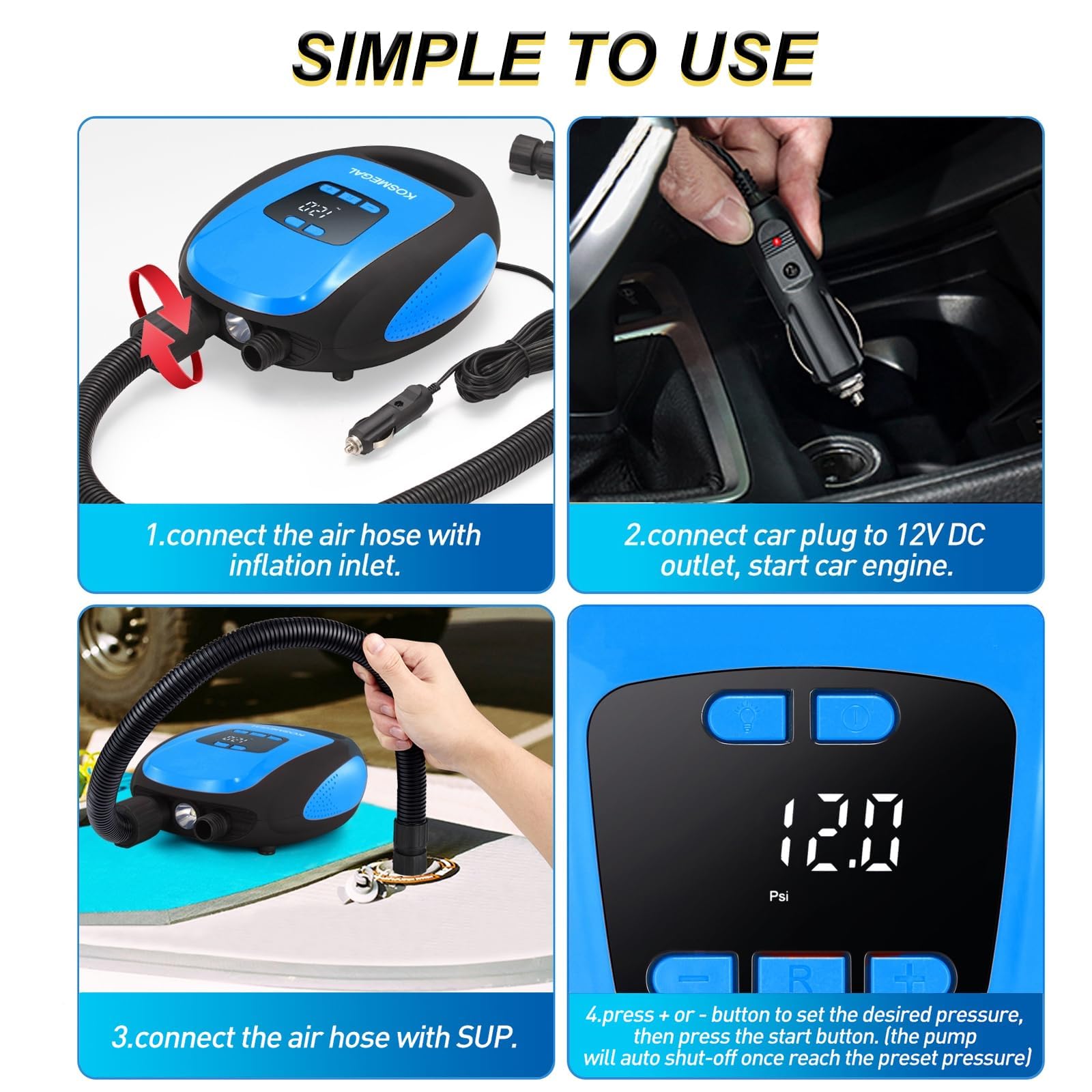 kosmegal Pompe à pagaie électrique portable, pompe SUP pour planche à pagaie, compresseur d'air 20 PSI avec arrêt automatique, fonction de dégonflage et connecteur de voiture 12 V CC pour gonflables