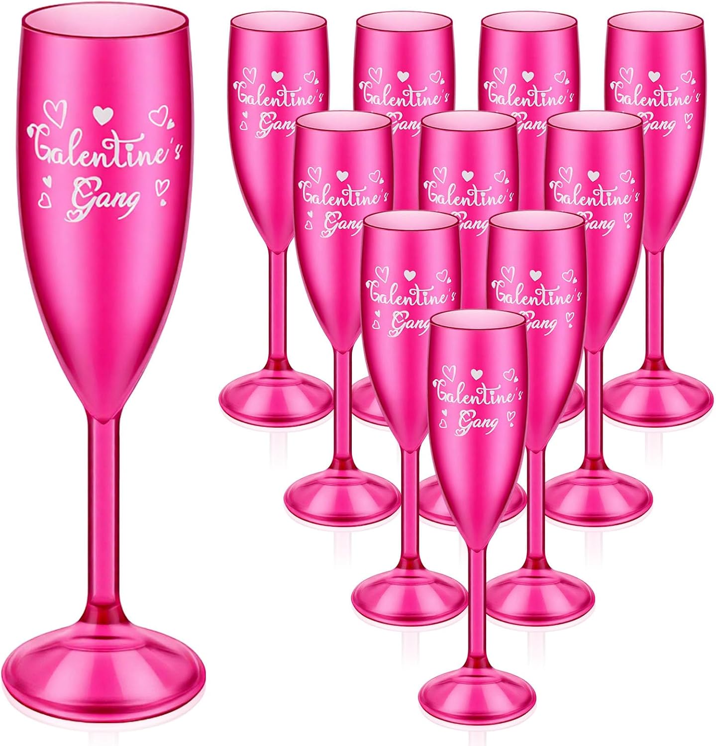 Qinyoung 10 Pcs Galentine's Gang Champagne Flutes Hot Pink Plastic Galentines Day Gift Cups Toasting Champagne Goblet for Bachelorette Wedding Bridal Shower Party Valentines Party Favor Decoration