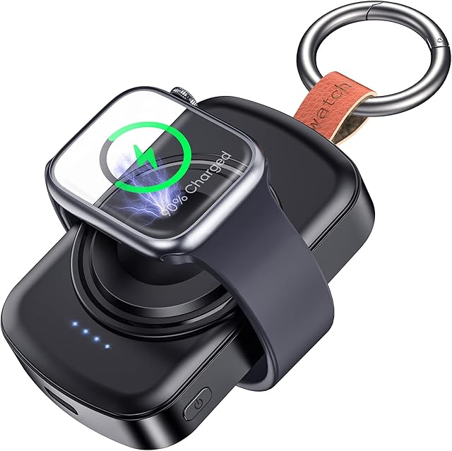 CKFN Portable Wireless Charger for Apple Watch1800mAh Power Bank Smart Keychain Gift with 4 LED IndicatorsMagnetic iWatch Charger for Apple Watch Series 8,7,6,5,4,3,2,1,SE/Nike+/Hermes-Black