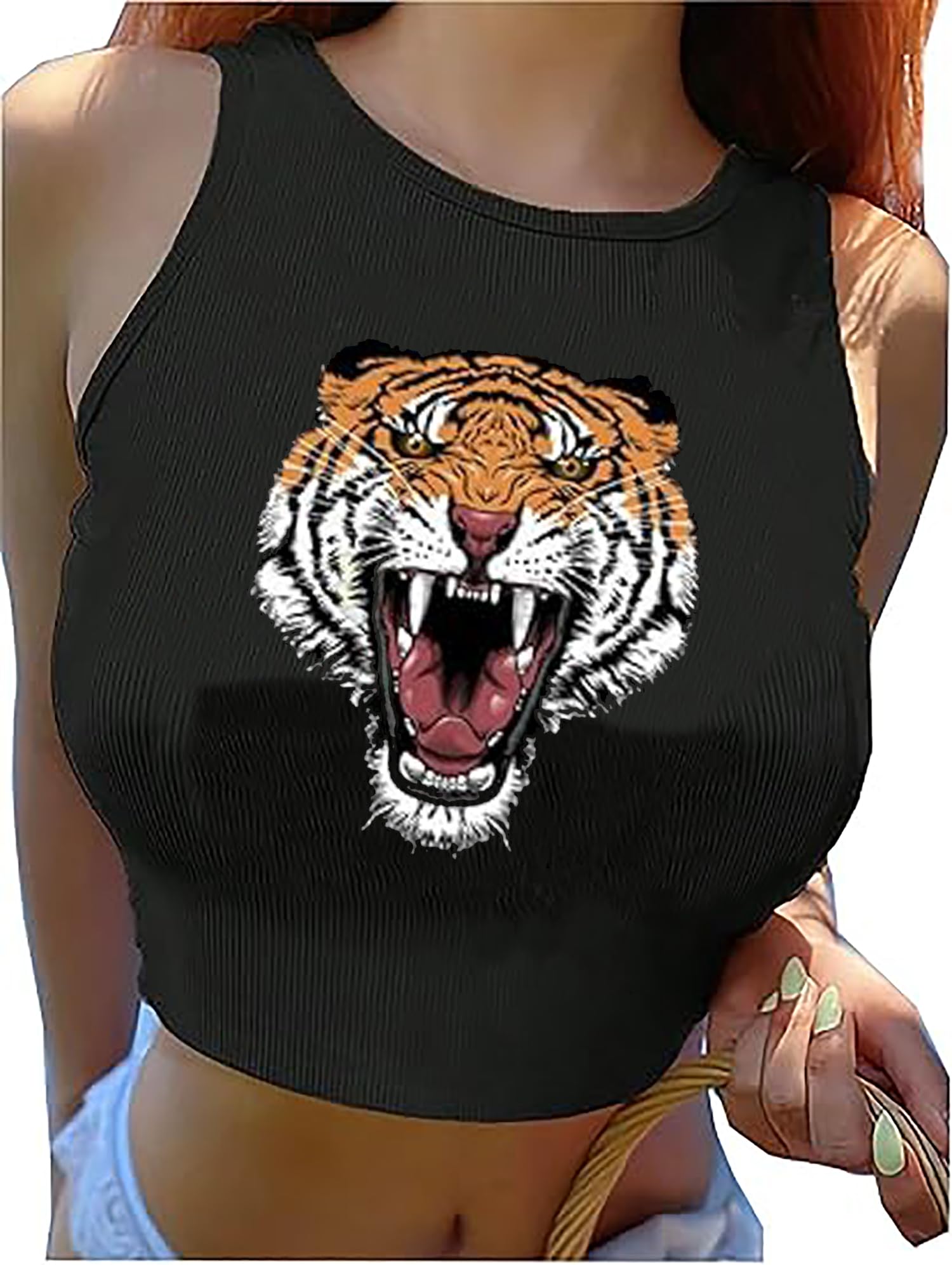 Women Tiger Printed Crop Tank Tops Vintage Tiger Animal Graphic Ribbed Knit Crop Tops Cami