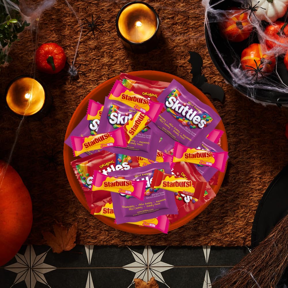 SKITTLES & STARBURST Halloween Candy Bulk Fun Size Chewy Halloween Snacks Variety Pack, Individually Wrapped for Trick or Treat, Party Favors and More, 105 Ct Bulk Bag