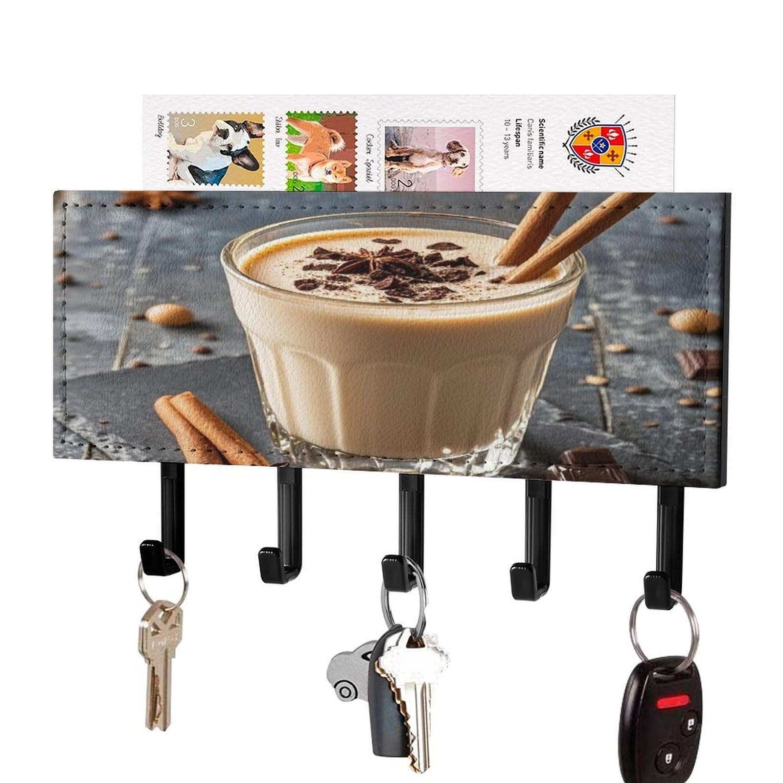 Fekiloot Black-Style Eggnog Key Holder Wall Mount Key And Mail Holder Key Hanger With 5 Hooks Decorative Pu Key Rack Hanging Key Hooks For Wall Living Room Kitchen Bathroom Hallway