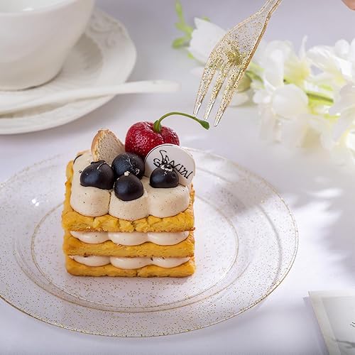 Miniatura 7 de Platos y tenedores plásticos para postre de brillantina dorada para invitados, platos para postre desechables de 6.5 pulgadas y tenedores pequeños,
