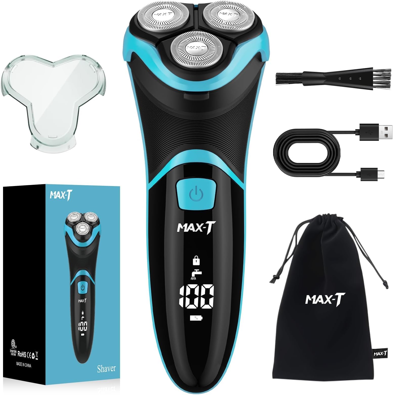 MAX-T Electric Shaver for Men, Cordless Electric Razor with Travel Case, Wet & Dry Use Men's Electric Shaver with Pop-Up Trimmer, 3D Rechargeable IPX7 Waterproof Rotary Shaver Best Gift for Dad/Lover