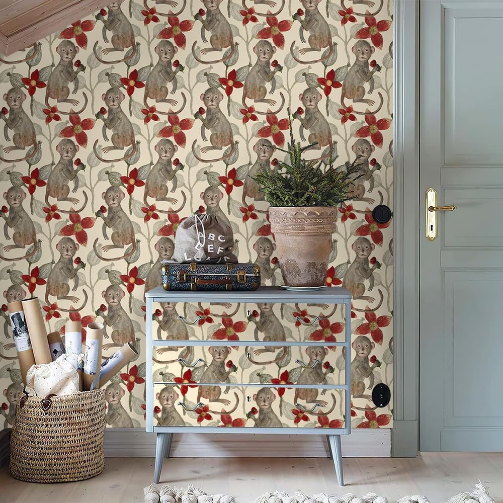 Vintage Animal Red Flower Monkey Beige Yellow Peel and Stick Wallpaper Contact Paper Vintage Vinyl Stick on Wall Paper for Bedroom Bathroom Kitchen Cabinet Renter Friendly