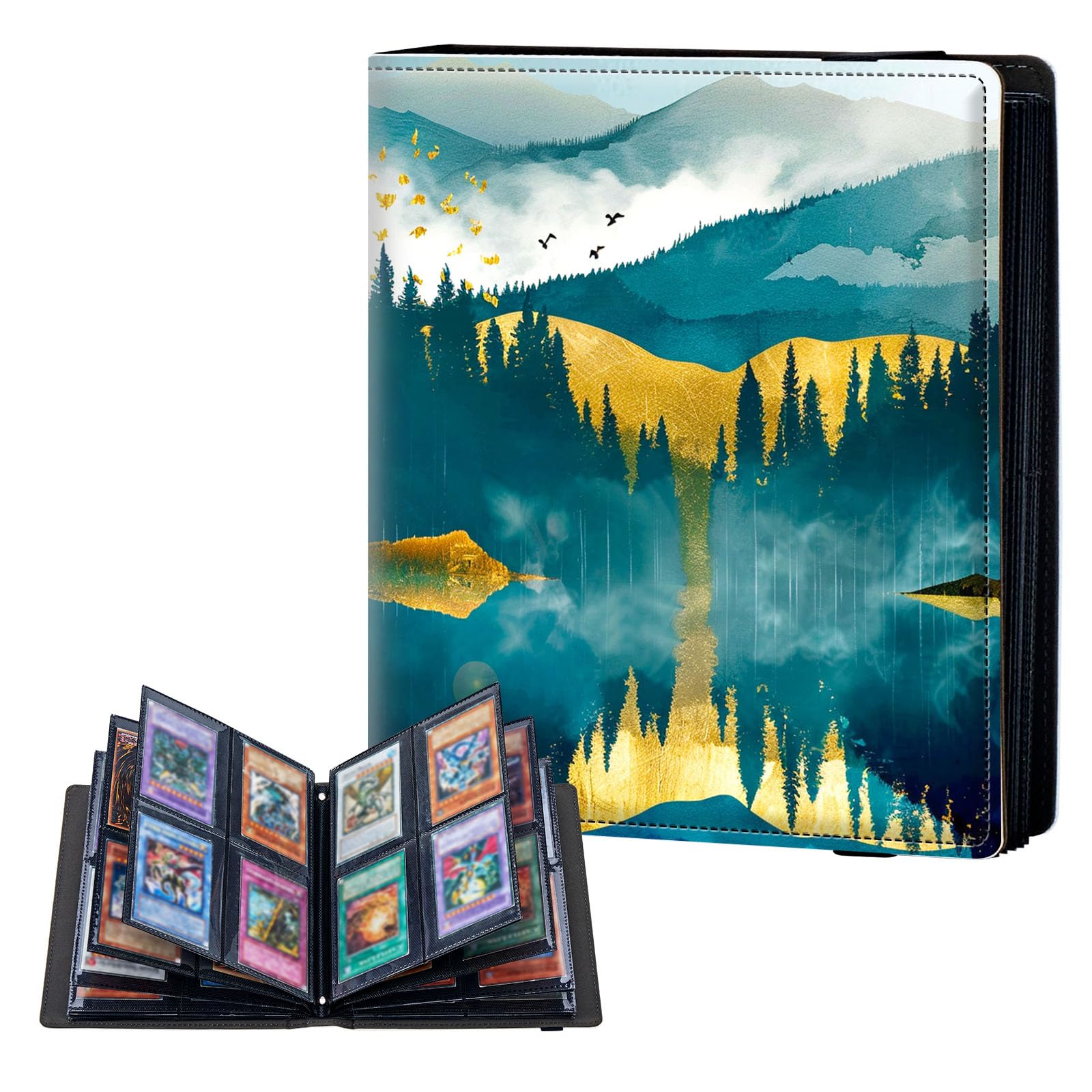 ETLKJVBL 4 Pocket Trading Card Binder, Card Collection Binder for TCG, MTG, Sports Cards, Baseball, Pine Forest Misty Mountains Trading Card Book Holder for Collectors, Top Loader Binder