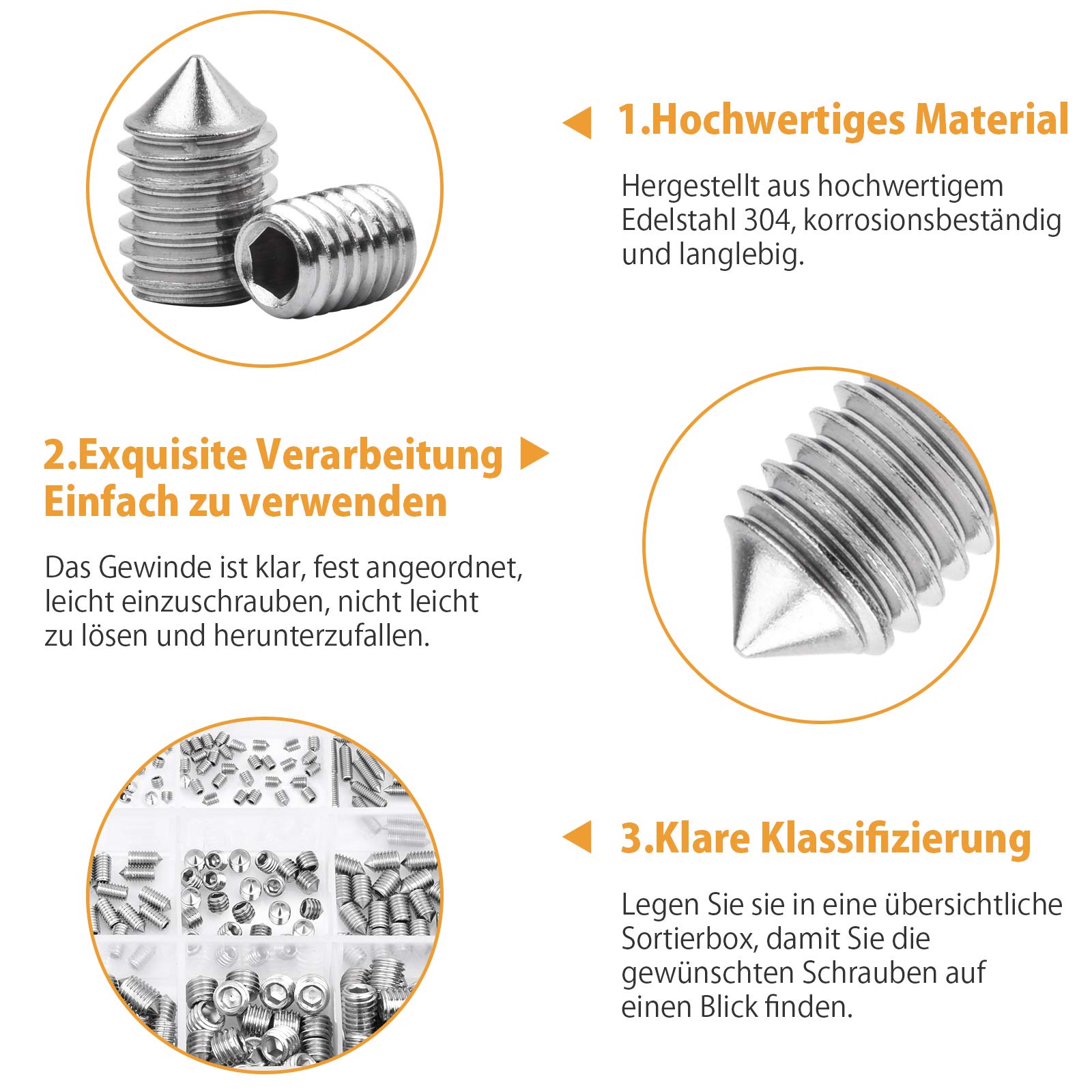 VIGRUE Juego de 260 tornillos sin cabeza hexagonal de punta cónica – Surtido de tornillos M3 M4 M5 M6 M8 – Acero inoxidable