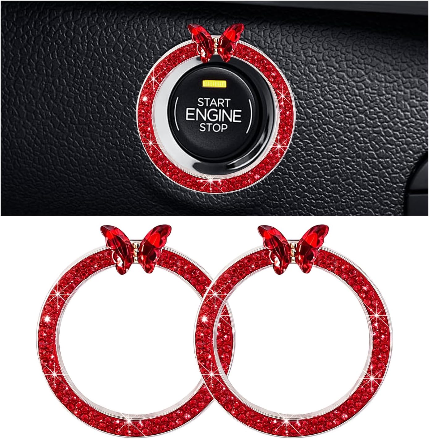 2 PCS Bling Car Engine Start Stop Decoration Rings, Crystal Rhinestone Butterfly Ring Sticker for Vehicle Push Start Button, Bow Tie Car Key Ignition Knob Ring for Women Girls (White)