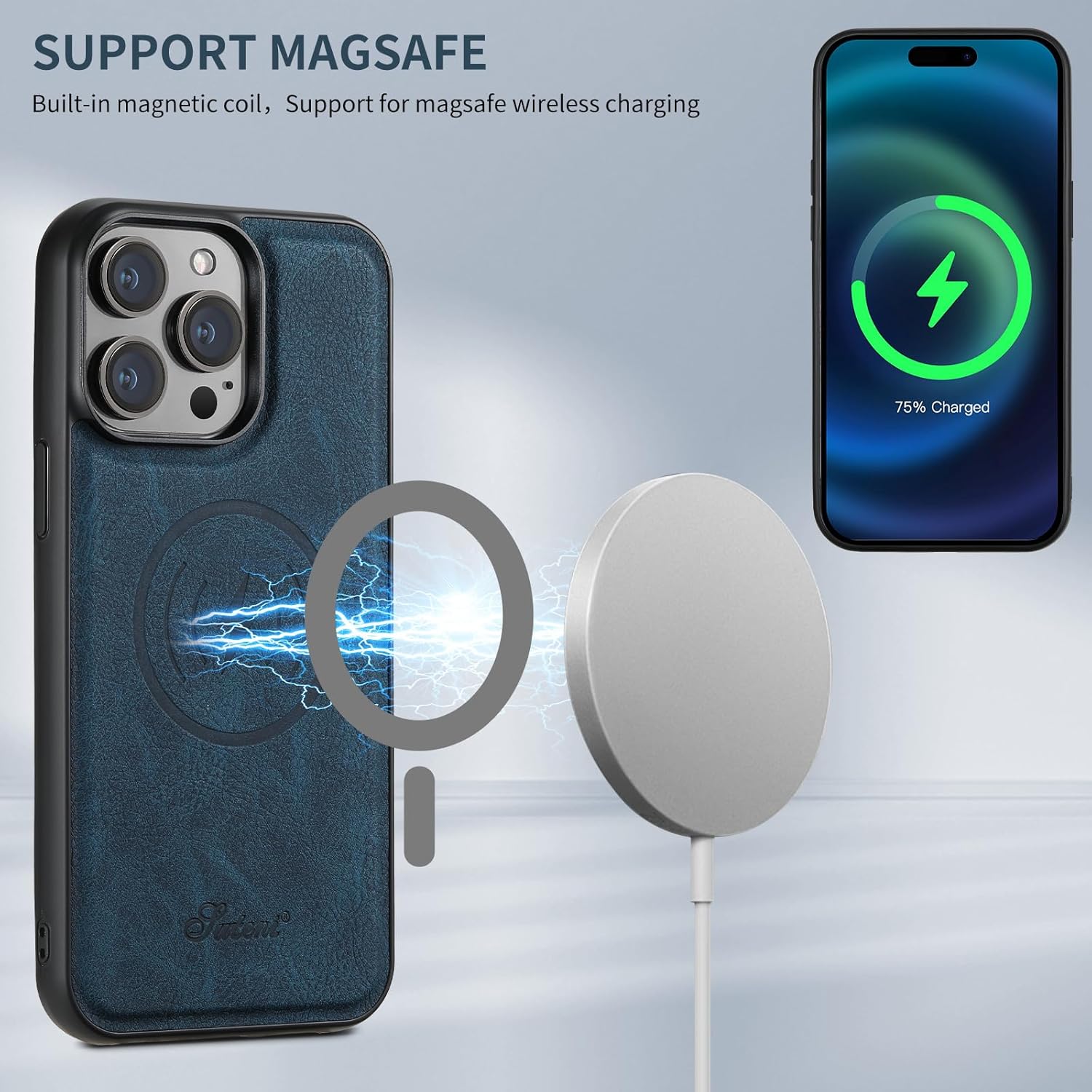 SZHAIYU H17 2 in 1 Detachable Magnetic Wallet Compatible with iPhone 15 Pro Max Case with Card Holder Faux Leather Men Women 6.7'' Kickstand Compatible with MagSafe (Blue,IP 15 Pro Max)