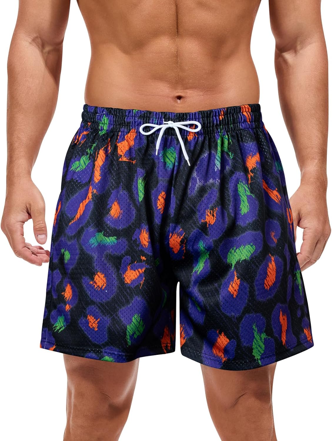 Mens Mesh Shorts Animal Printed 5" Workout Running Athletic Drawstring Shorts with Pockets