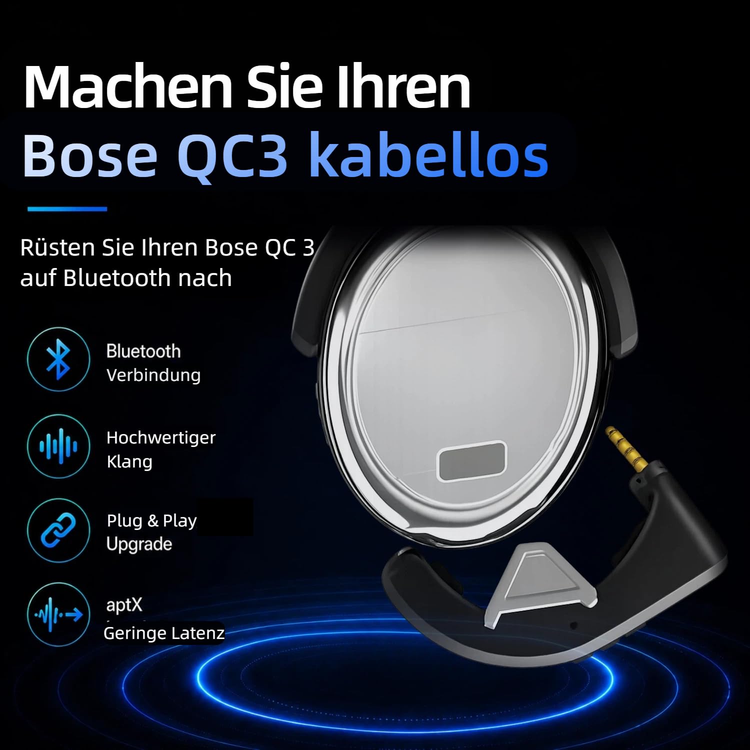Adaptador Bluetooth para Bose QuietComfort 3, color negro | Añade audio Bluetooth a los auriculares Bose QC3, con soporte AptX, micrófono integrado y controles de volumen