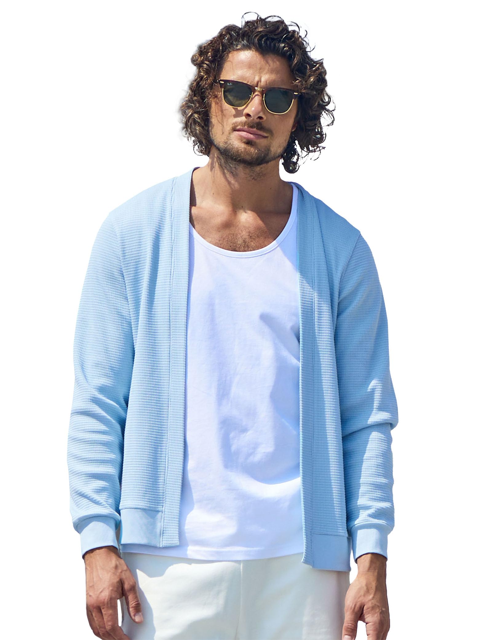 Enorsia Mens Waffle Knit Cardigan Open Front Lightweight Cardigan for Men with Ribbed Cuffs Soft Stretch Fabric Regular Fit Mens Cardigans Layering Knitwear Casual Outing Wear - Blue, UK XL