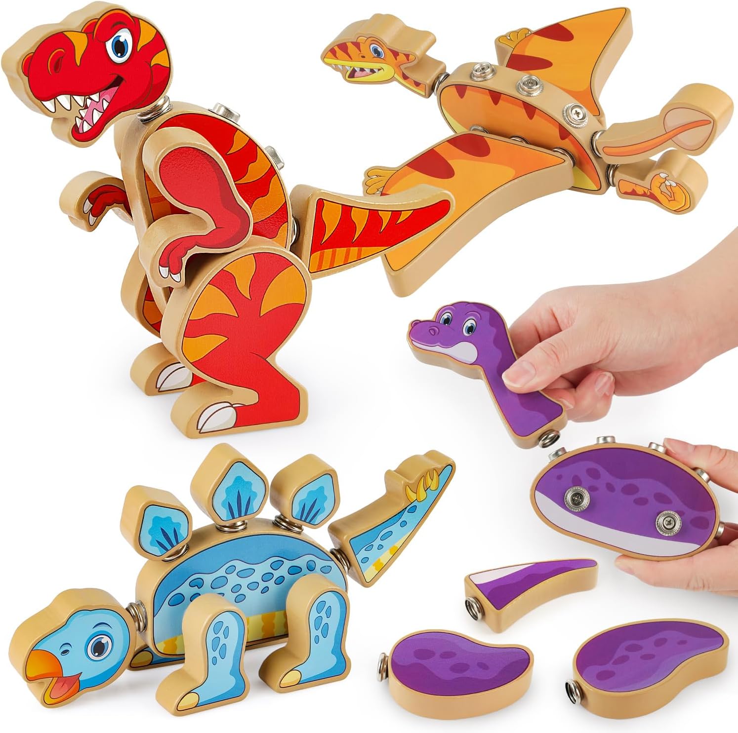 Dinosaur Snap Together Building Toys, Wooden Take Apart Dinosaur Playset, STEM Educational Fine Motor Skill Toy Gift for 3 4 5 Years Old Kids