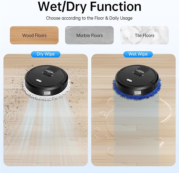 Robot Vacuum, 2 in 1 Robot Vacuum and Mop Combo with 4 Gears, 60-Minute Runtime, 645ft2 Cleaning Area, for Hard Floors, Carpets, Pet Hair, Black