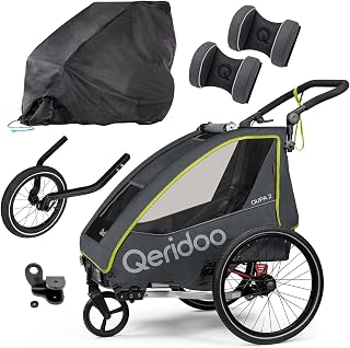 Qeridoo QUPA 2 Lime Comfort Sport Set | Fahrradanhänger 2 Kinder mit Joggerrad, Kupplung & Faltgarage | Fahrrad Anhänger Kinder | Kinderanhänger Fahrrad | Jogger Kinderwagen