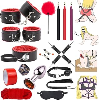 BDSM Bondage Sex Toys Restraints - 16 Kit Gear for Ball Gag Sex Whip Cuffs Rope Collar Blindfold Leash Low Temperature Candles Dice Anal Plug (Pink) (Red, 16PCS)