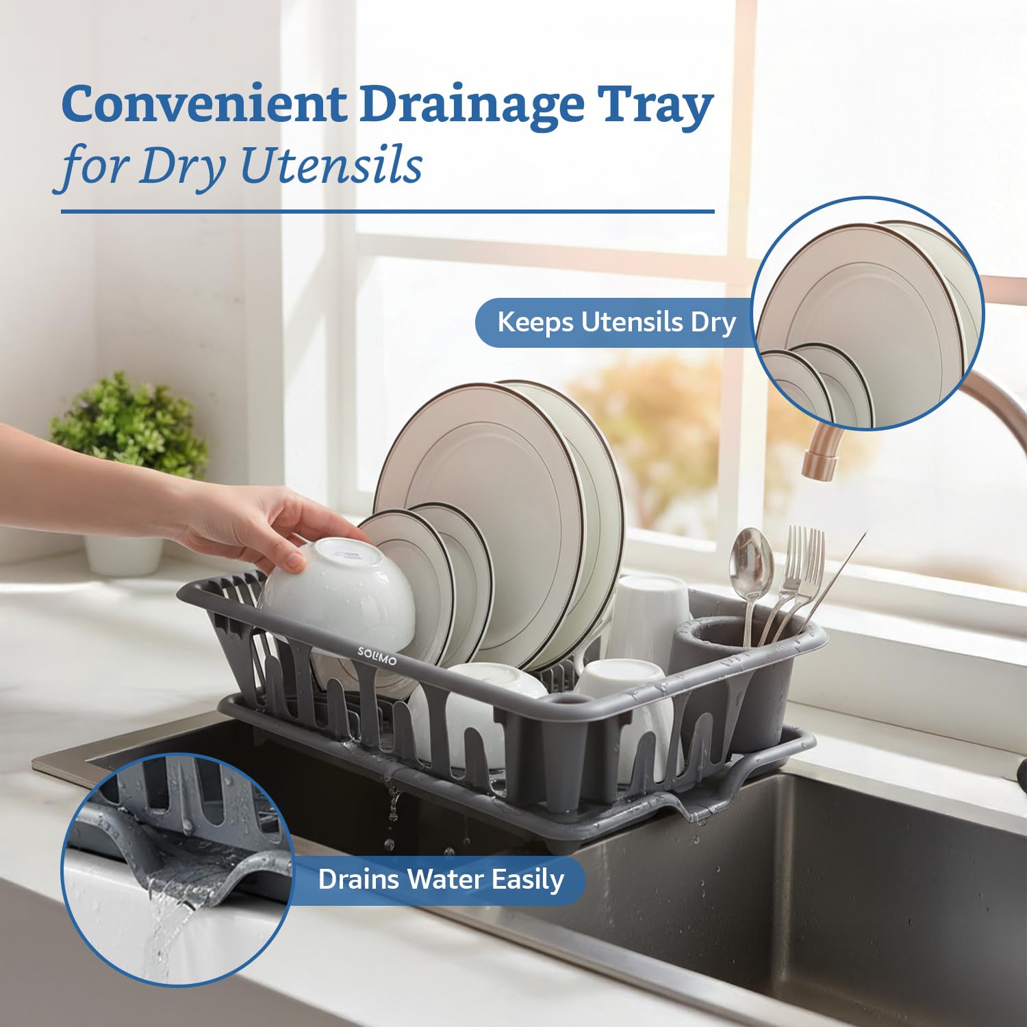 Amazon Brand - Solimo Plastic Kitchen Sink Rack with Drainage Tray | Large | Dish Rack Organiser | 48 x 35.5 x 13 Cm | Grey 2