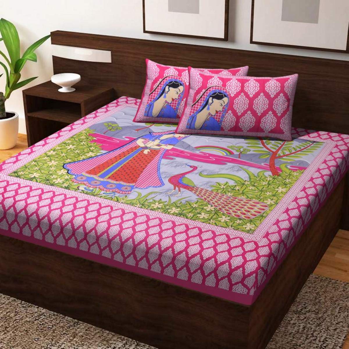 Drap de lit imprimé paysage Jaipuri en coton 84x90 pouces avec taies d'oreiller