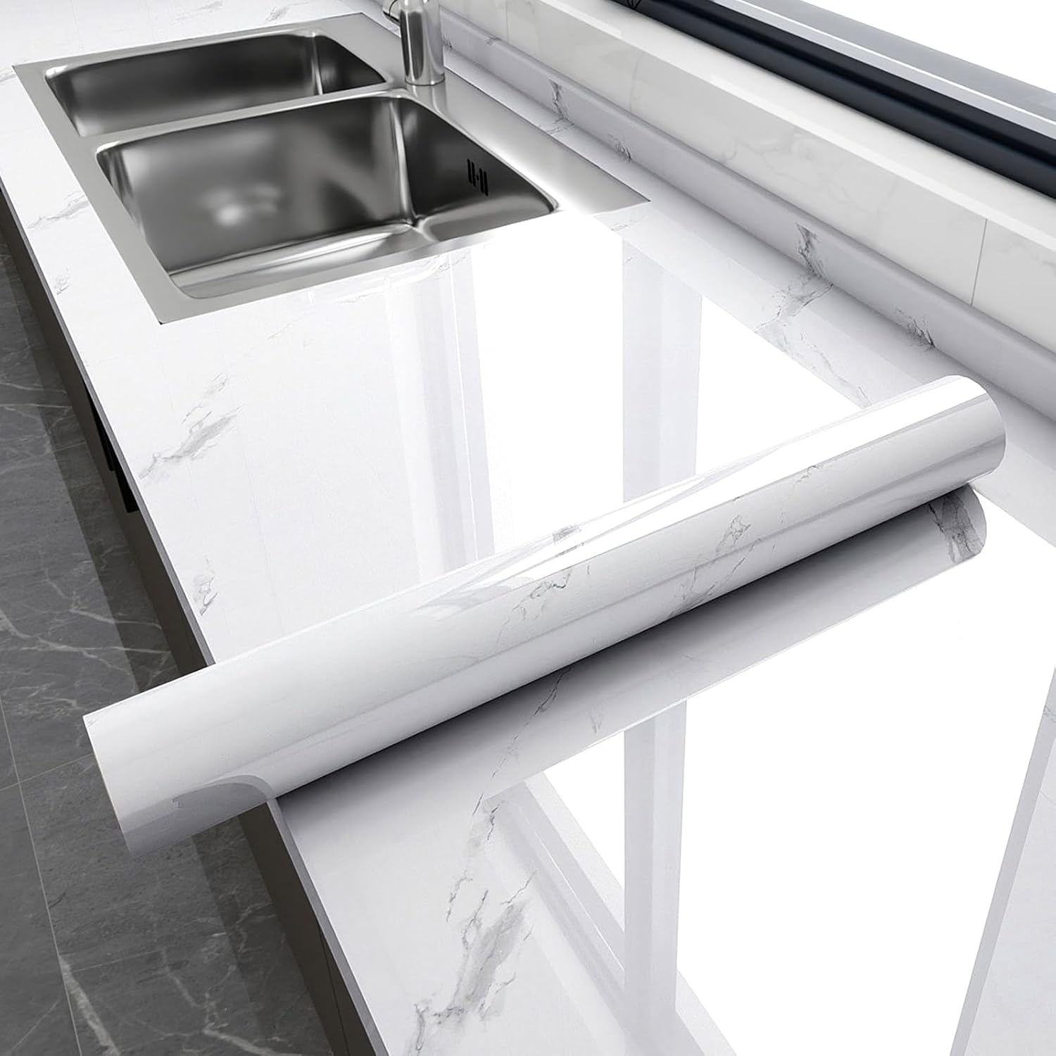 Glossy Marble Contact Paper for Countertops Peel and Stick Wallpaper Self-Adhesive Removable Waterproof Vinyl for Kitchen Cabinets Backsplash Furniture Black 17.7"x394"