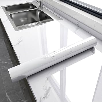 Glossy Marble Contact Paper for Countertops Peel and Stick Wallpaper Self-Adhesive Removable Waterproof Vinyl for Kitchen Cabinets Backsplash Furniture White 17.7"x78.7"