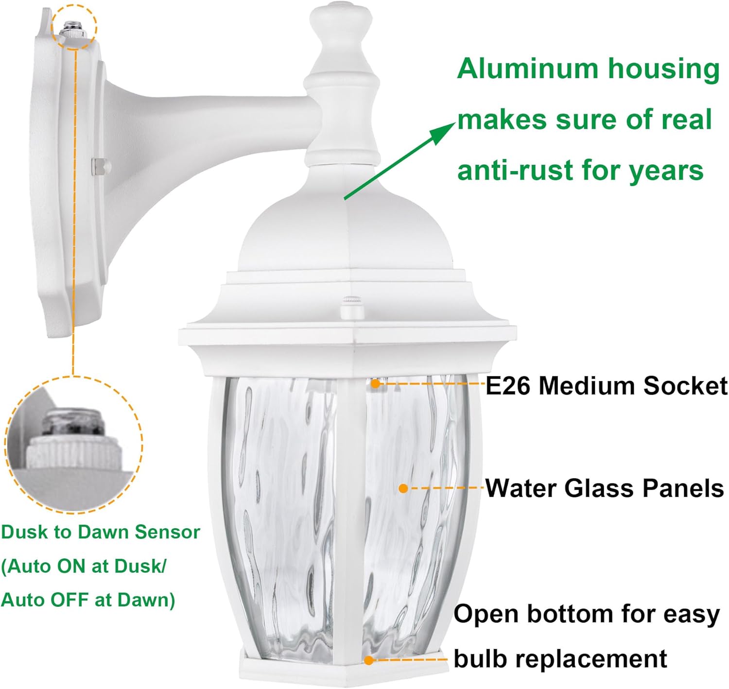 LIT-PaTH Dusk to Dawn Outdoor Wall Lantern, Wall Sconce as Porch Lighting Fixture with E26 Medium Base Max 60W, Aluminum Housing with Glass Shade, Matte White Finish