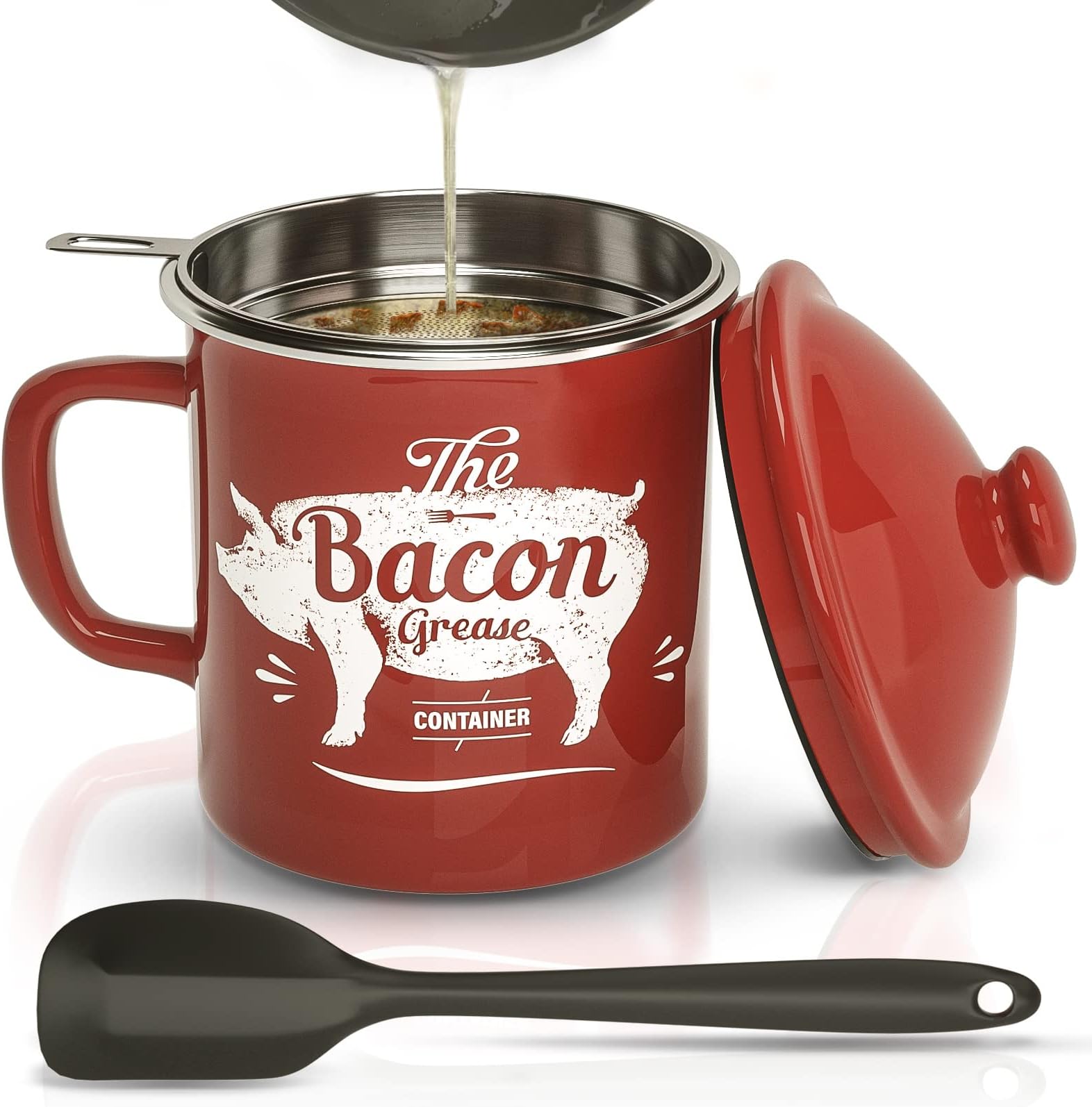 Bacon Grease Container With Strainer, 46OZ Large Enamel Grease Container, With Silicone Spatula, Farmhouse Bacon Grease Keeper, Cooking Oil Container For Kitchen Fat Storage, Dishwasher Safe-Red